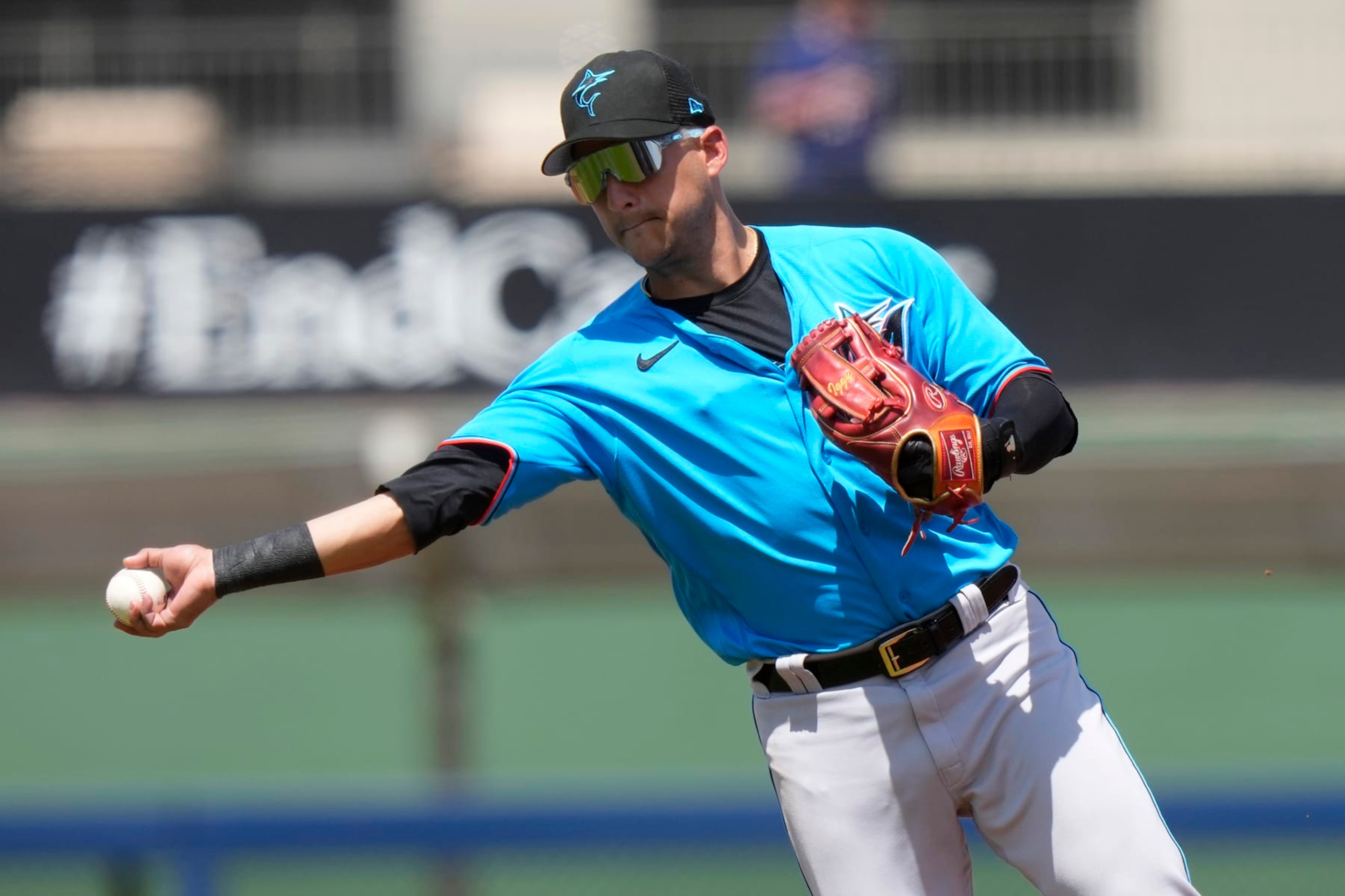 Miami Marlins shortstop Jose Iglesias throws to first during a spring training baseball game against the Washington Nationals, Saturday, March 18, 2023, in West Palm Beach, Fla. (AP Photo/Lynne Sladky) Miami Marlins shortstop Jose Iglesias throws to first during a spring training baseball game against the Washington Nationals, Saturday, March 18, 2023, in West Palm Beach, Fla. (AP Photo/Lynne Sladky)