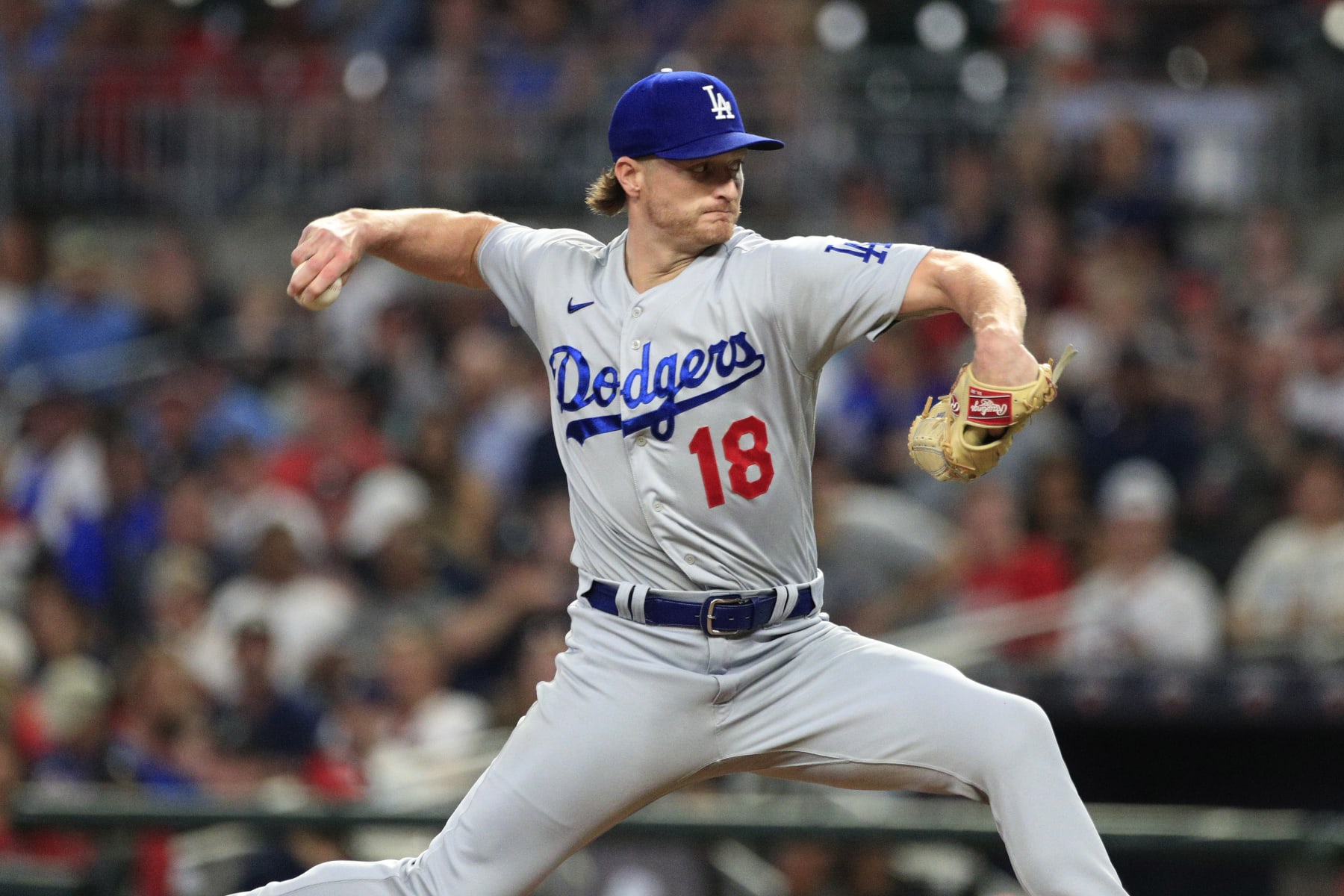 ATLANTA, GA - MAY 24: Los Angeles Dodgers relief pitcher Shelby Miller #18 delivers a pitch during the MLB game between the Los Angeles Dodgers and the Atlanta Braves on May 24, 2023 at Truist Park in Atlanta,GA. (Photo by Jeff Robinson/Icon Sportswire via Getty Images)