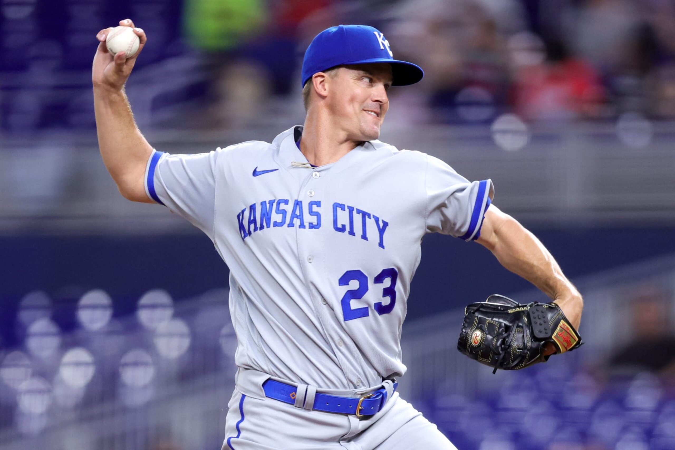 MIAMI, FLORIDA - JUNE 06: Zack Greinke #23 of the Kansas City Royals pitches against the Miami Marlins during the third inning at loanDepot park on June 06, 2023 in Miami, Florida. (Photo by Megan Briggs/Getty Images)