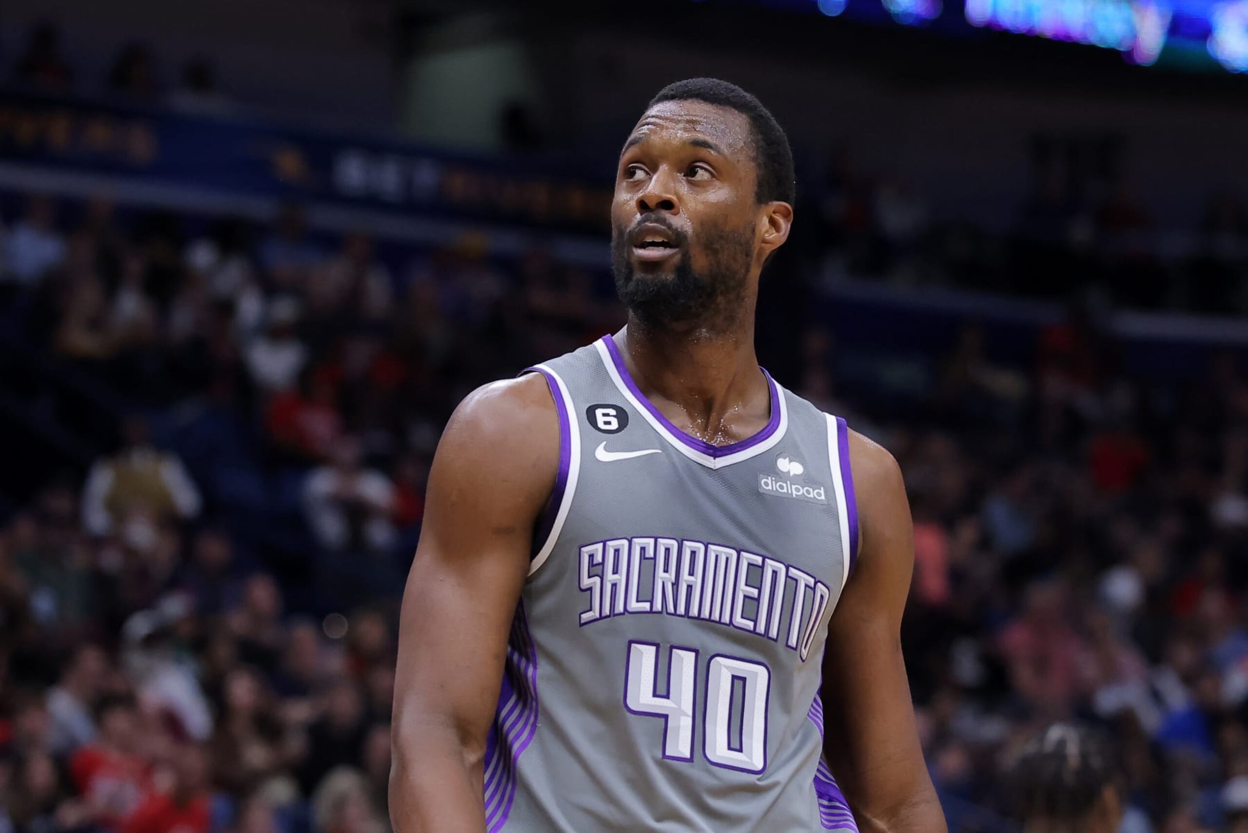 NEW ORLEANS, LOUISIANA - APRIL 04: Harrison Barnes #40 of the Sacramento Kings reacts against the New Orleans Pelicans during the first half at the Smoothie King Center on April 04, 2023 in New Orleans, Louisiana. NOTE TO USER: User expressly acknowledges and agrees that, by downloading and or using this Photograph, user is consenting to the terms and conditions of the Getty Images License Agreement. (Photo by Jonathan Bachman/Getty Images)