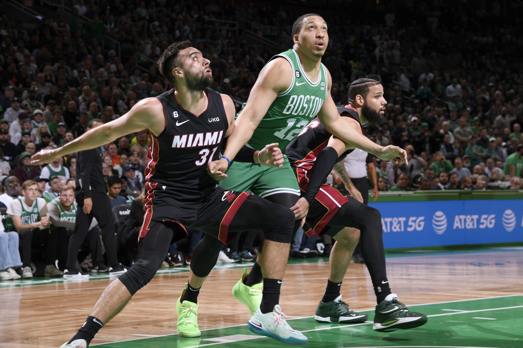 BOSTON, MA - MAY 25: Max Strus #31 of the Miami Heat, Grant Williams #12 of the Boston Celtics and Caleb Martin #16 of the Miami Heat look on during Game 5 of the 2023 NBA Playoffs Eastern Conference Finals on May 25, 2023 at the TD Garden in Boston, Massachusetts. NOTE TO USER: User expressly acknowledges and agrees that, by downloading and or using this photograph, User is consenting to the terms and conditions of the Getty Images License Agreement. Mandatory Copyright Notice: Copyright 2023 NBAE  (Photo by Brian Babineau/NBAE via Getty Images)