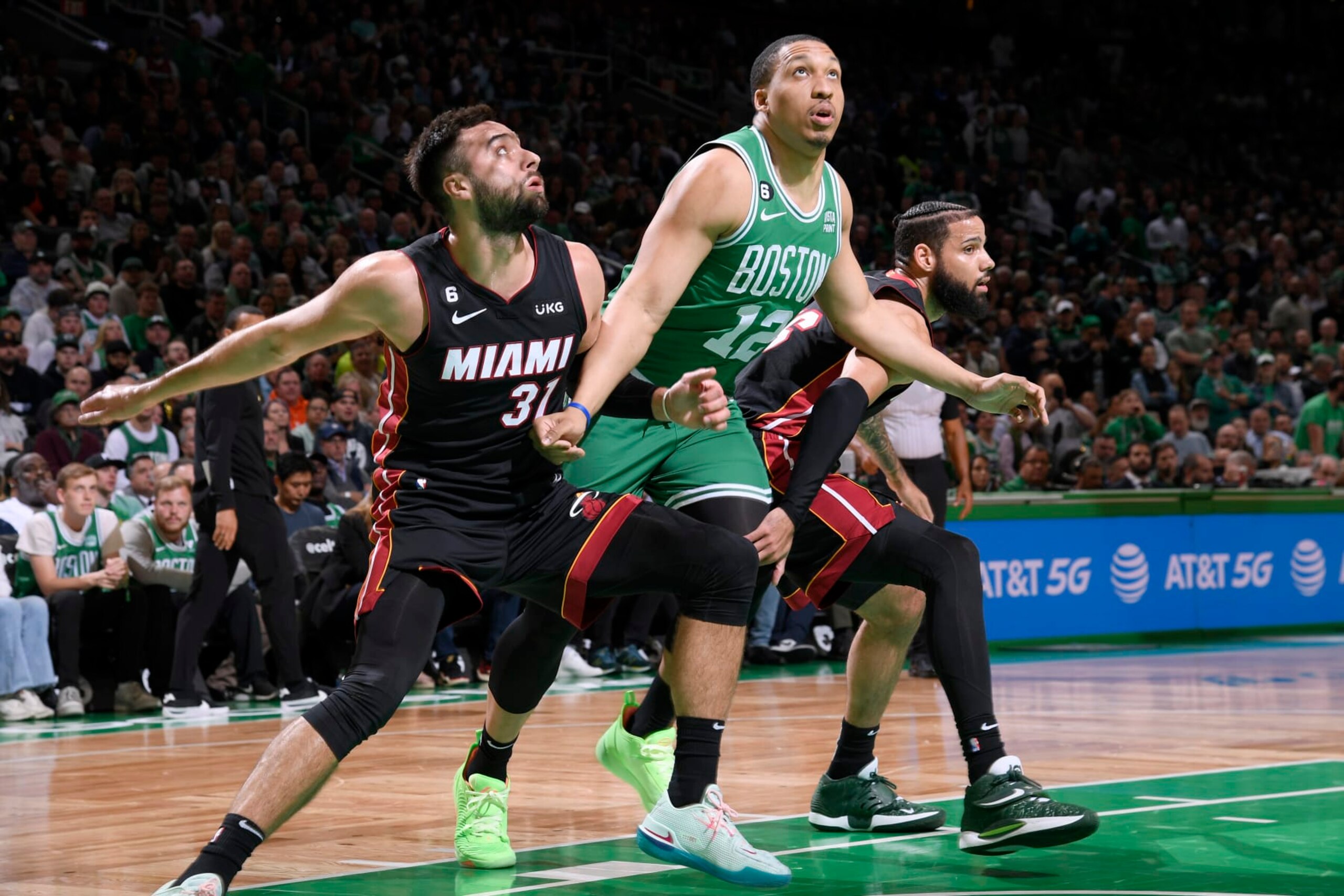 BOSTON, MA - MAY 25: Max Strus #31 of the Miami Heat, Grant Williams #12 of the Boston Celtics and Caleb Martin #16 of the Miami Heat look on during Game 5 of the 2023 NBA Playoffs Eastern Conference Finals on May 25, 2023 at the TD Garden in Boston, Massachusetts. NOTE TO USER: User expressly acknowledges and agrees that, by downloading and or using this photograph, User is consenting to the terms and conditions of the Getty Images License Agreement. Mandatory Copyright Notice: Copyright 2023 NBAE  (Photo by Brian Babineau/NBAE via Getty Images)