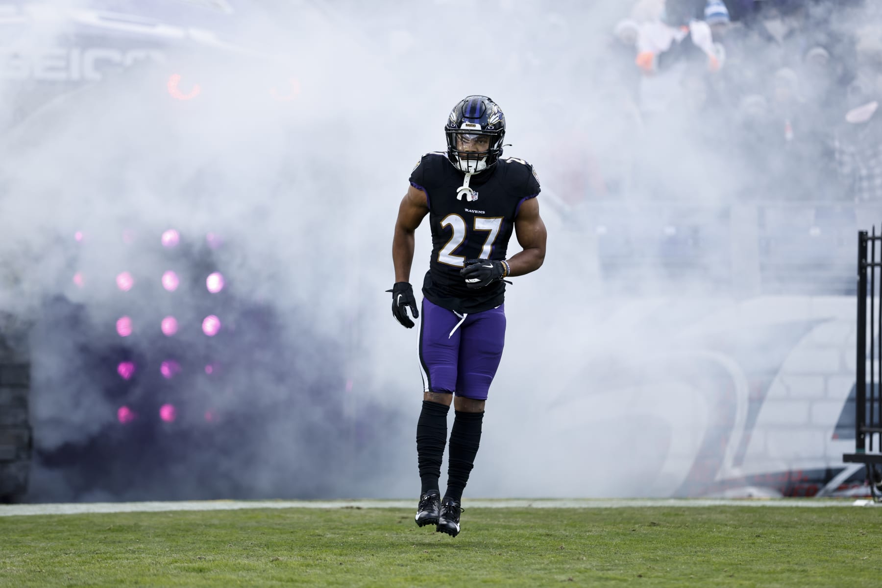 BALTIMORE, MARYLAND - DECEMBER 24: J.K. Dobbins #27 of the Baltimore Ravens takes the field prior to an NFL football game between the Baltimore Ravens and the Atlanta Falcons at M&T Bank Stadium on December 24, 2022 in Baltimore, Maryland. (Photo by Michael Owens/Getty Images)