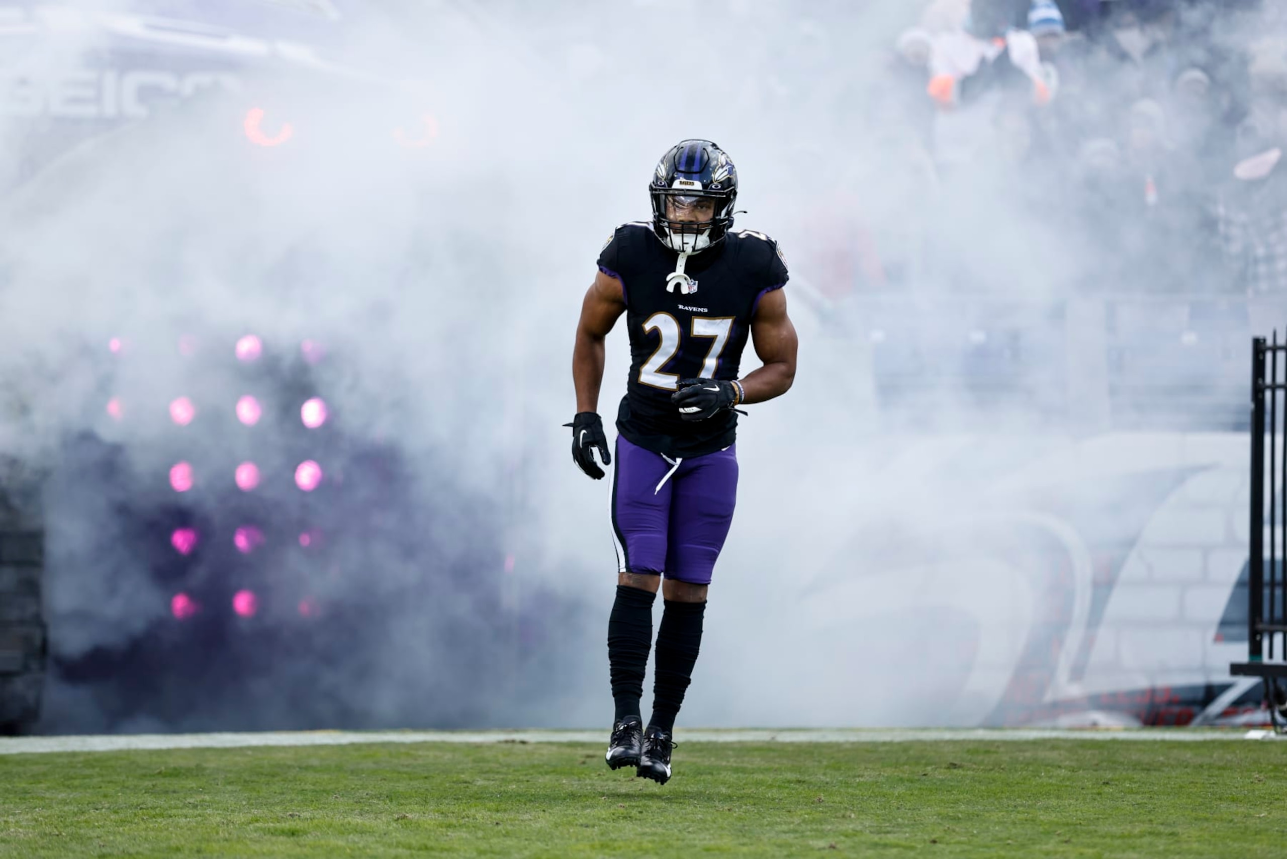BALTIMORE, MARYLAND - DECEMBER 24: J.K. Dobbins #27 of the Baltimore Ravens takes the field prior to an NFL football game between the Baltimore Ravens and the Atlanta Falcons at M&T Bank Stadium on December 24, 2022 in Baltimore, Maryland. (Photo by Michael Owens/Getty Images)