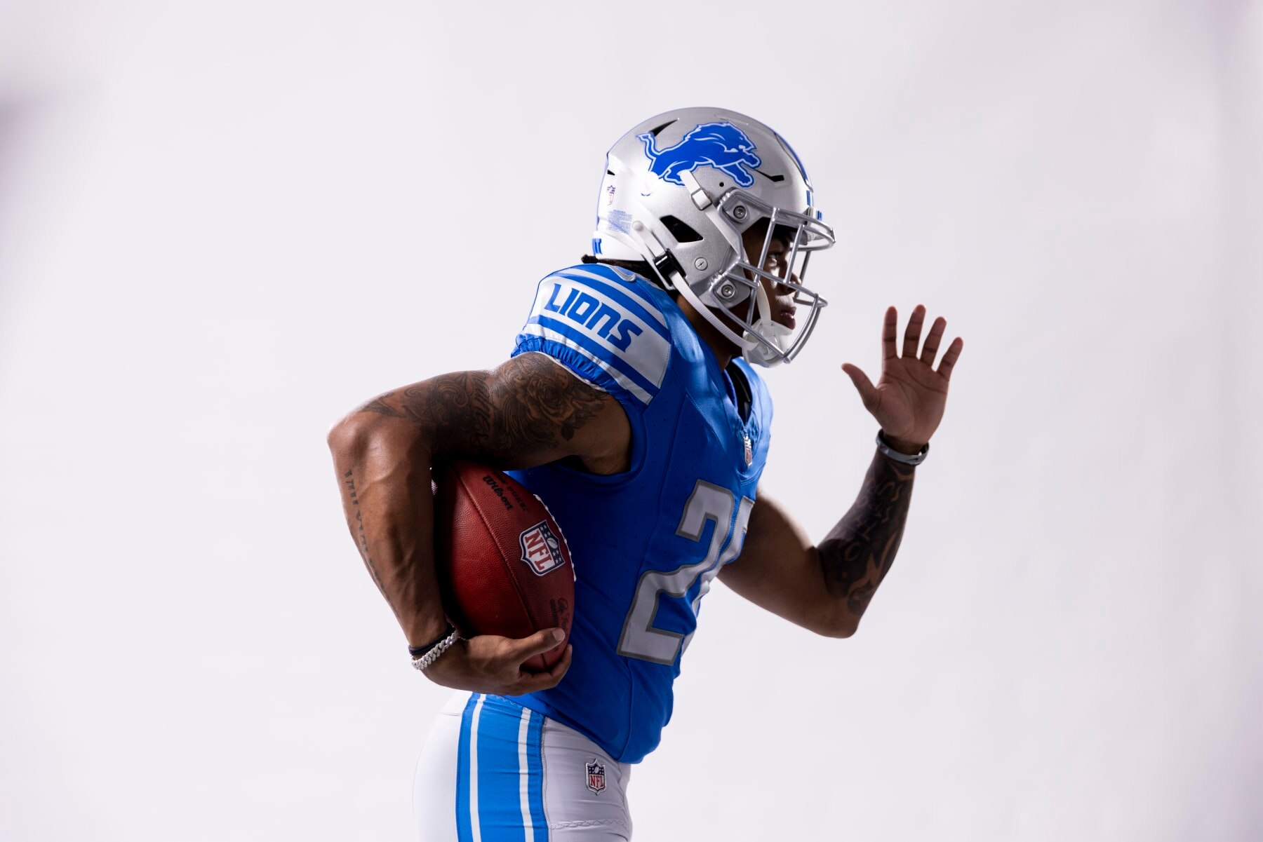 LOS ANGELES, CALIFORNIA - MAY 20: Jahmyr Gibbs #26 of the Detroit Lions poses for a portrait during the NFLPA Rookie Premiere on May 20, 2023 in Los Angeles, California. (Photo by Michael Owens/Getty Images)