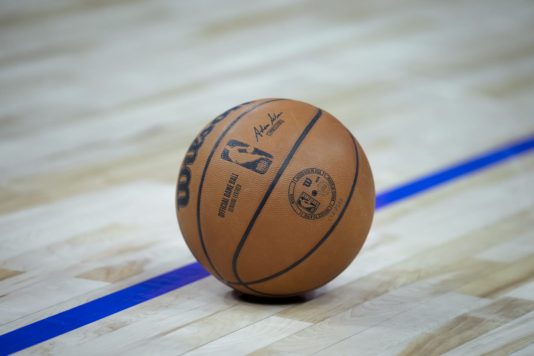 DETROIT, MICHIGAN - MARCH 19: A Wilson brand NBA basketball is pictured during the game between the Detroit Pistons and Miami Heat at Little Caesars Arena on March 19, 2023 in Detroit, Michigan. NOTE TO USER: User expressly acknowledges and agrees that, by downloading and or using this photograph, User is consenting to the terms and conditions of the Getty Images License Agreement. (Photo by Nic Antaya/Getty Images)