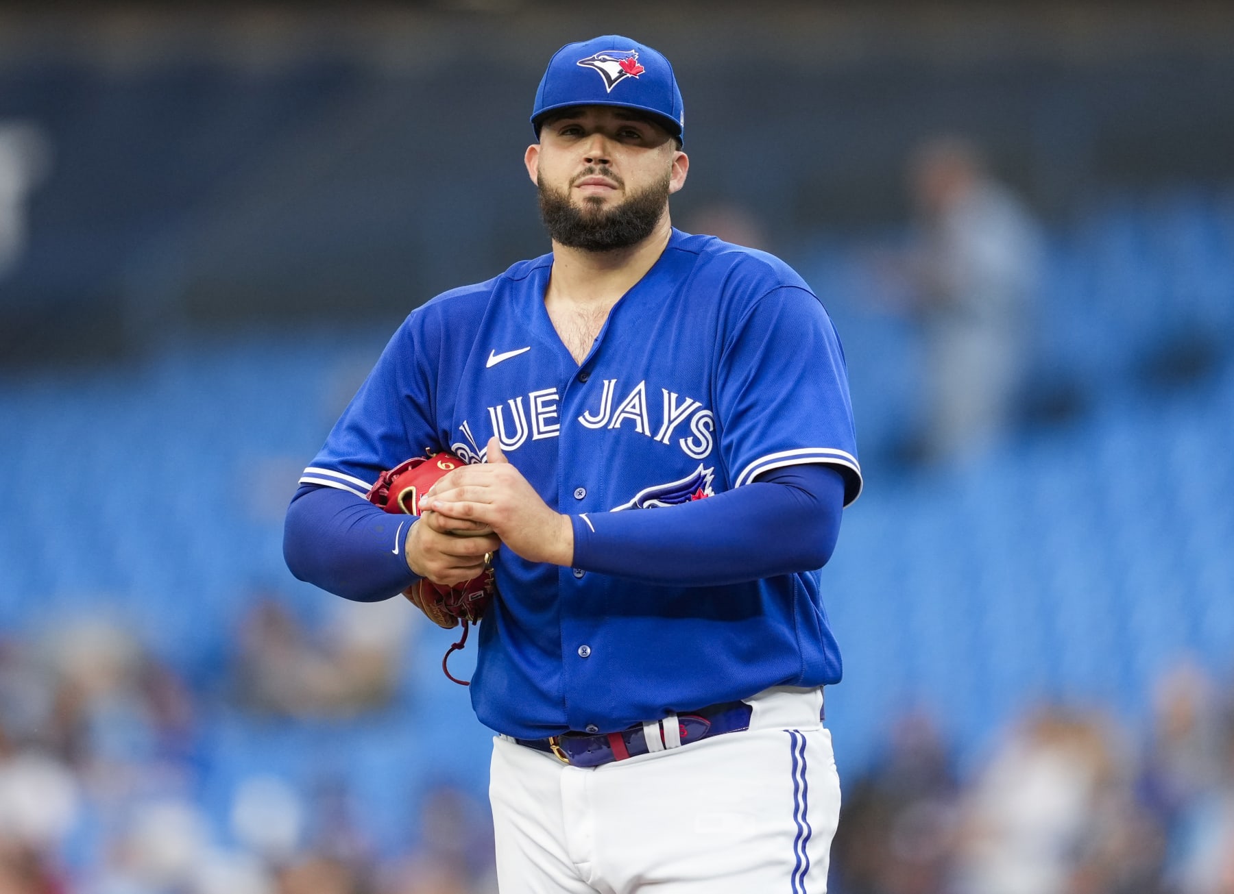 TORONTO, ON - JUNE 5: Alek Manoah #6 of the Toronto Blue Jays looks on from the mound against the Houston Astros in the first inning during their MLB game at the Rogers Centre on June 5, 2023 in Toronto, Ontario, Canada. (Photo by Mark Blinch/Getty Images)