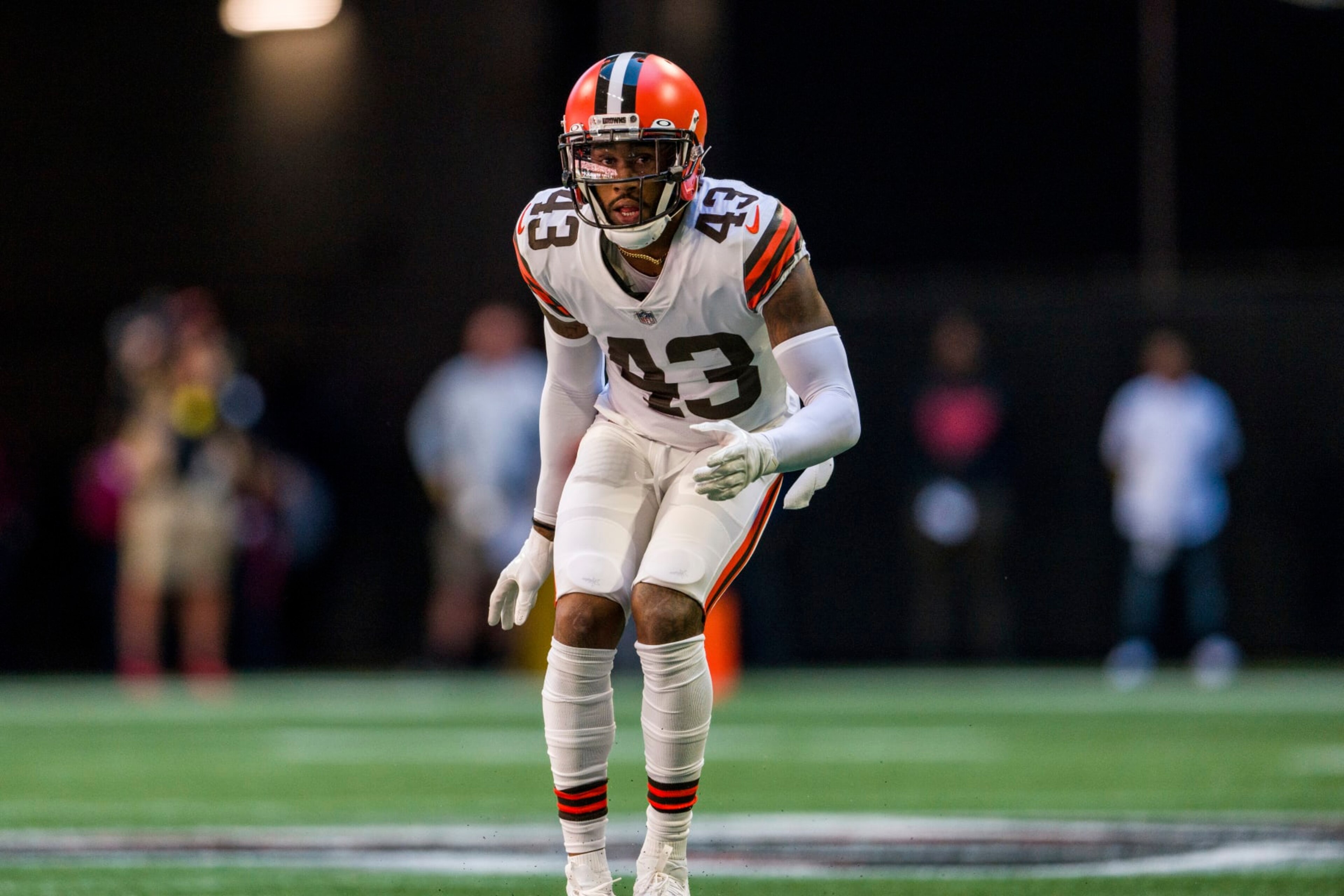 Cleveland Browns safety John Johnson III (43) works during the first half of an NFL football game against the Atlanta Falcons, Sunday, Oct. 2, 2022, in Atlanta. The Atlanta Falcons won 23-20. (AP Photo/Danny Karnik)