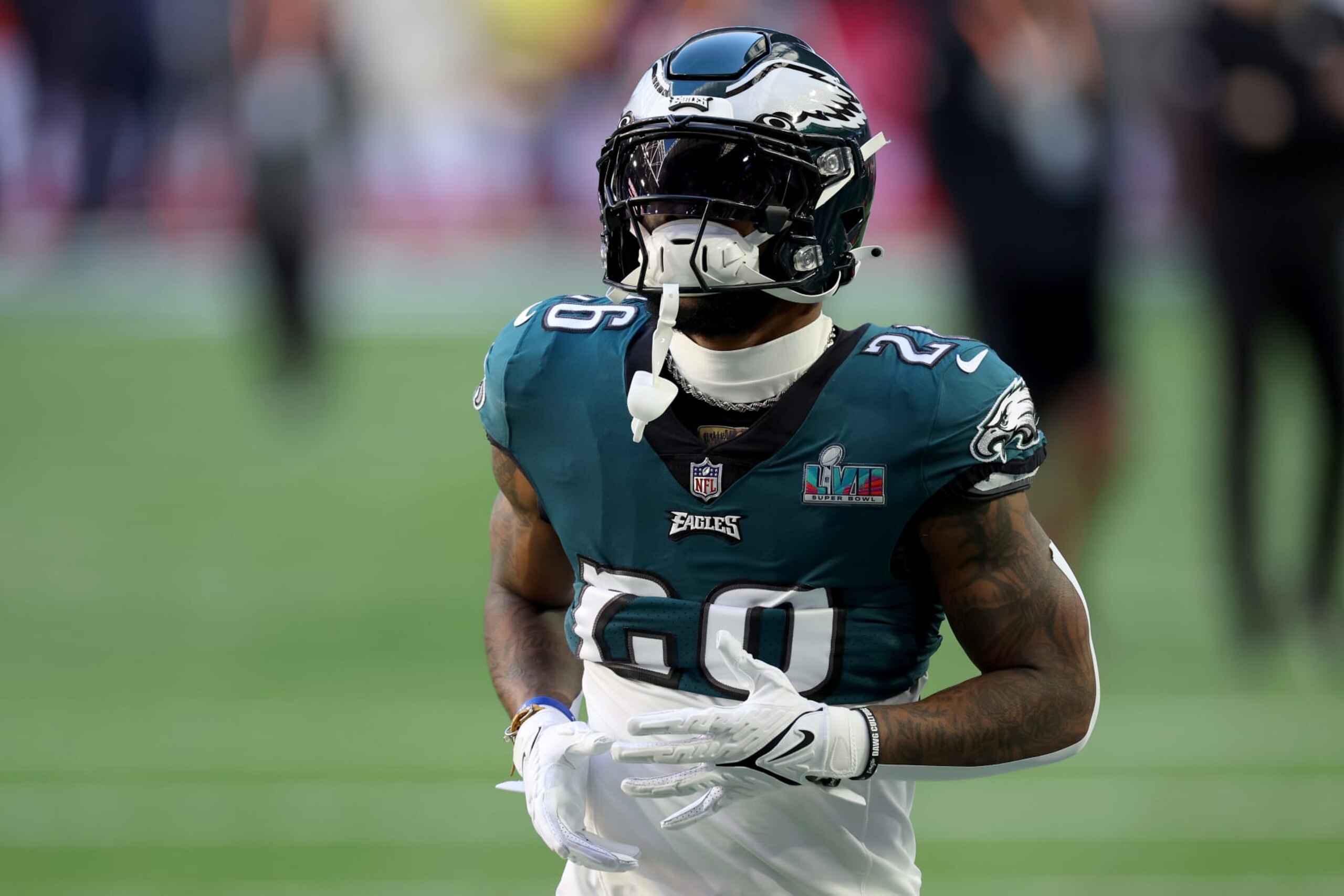 GLENDALE, ARIZONA - FEBRUARY 12: Miles Sanders #26 of the Philadelphia Eagles warms up prior to Super Bowl LVII against the Kansas City Chiefs at State Farm Stadium on February 12, 2023 in Glendale, Arizona. (Photo by Ezra Shaw/Getty Images)