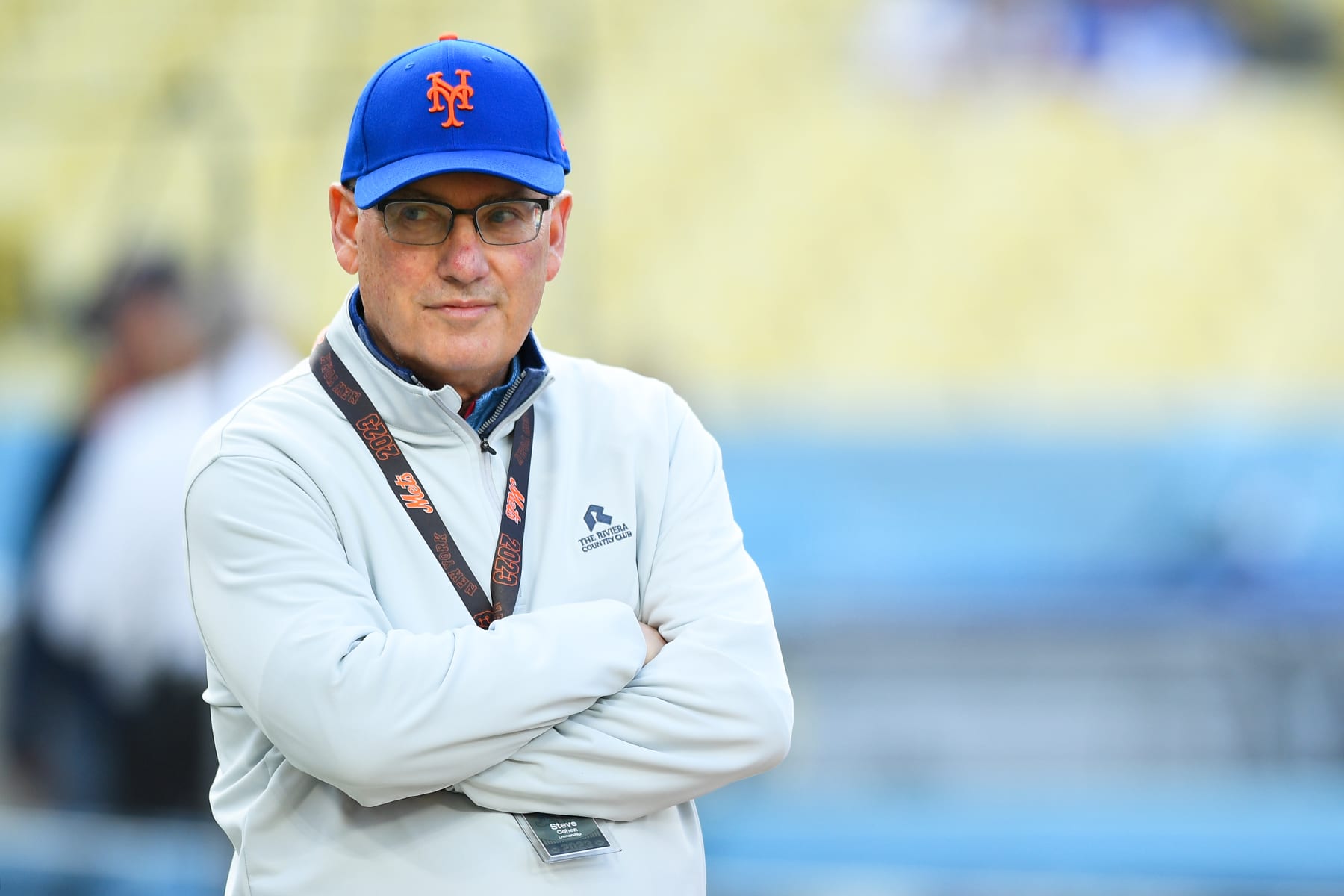 LOS ANGELES, CA - APRIL 17: New York Mets owner Steve Cohen looks on during batting practice before the MLB game between the New York Mets and the Los Angeles Dodgers on April 17, 2023 at Dodger Stadium in Los Angeles, CA. (Photo by Brian Rothmuller/Icon Sportswire via Getty Images)