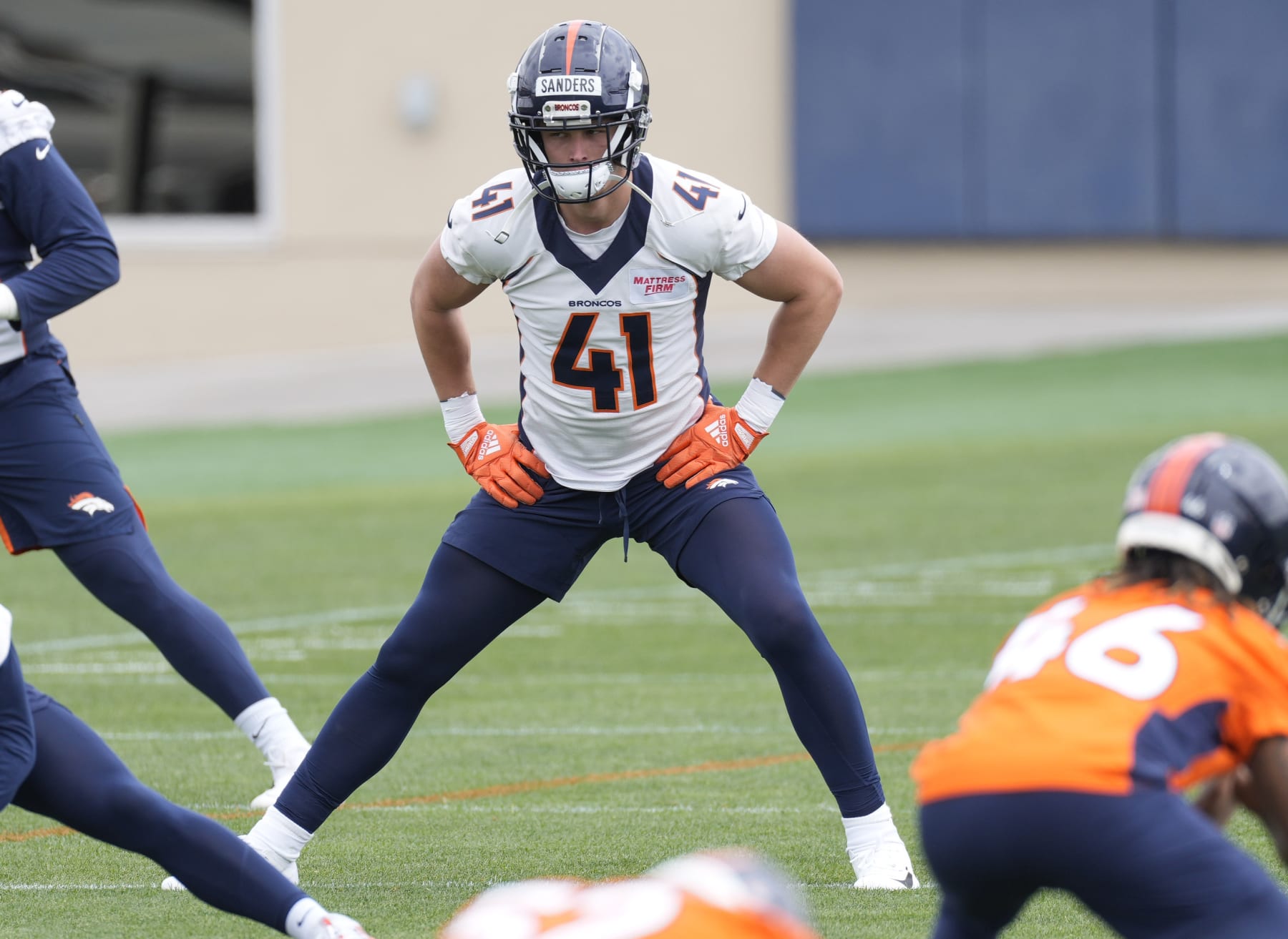 Denver Broncos inside linebacker Drew Sanders takes part in drills during an NFL football rookie minicamp, Saturday, May 13, 2023, at the team's headquarters in Centennial, Colo. (AP Photo/David Zalubowski)