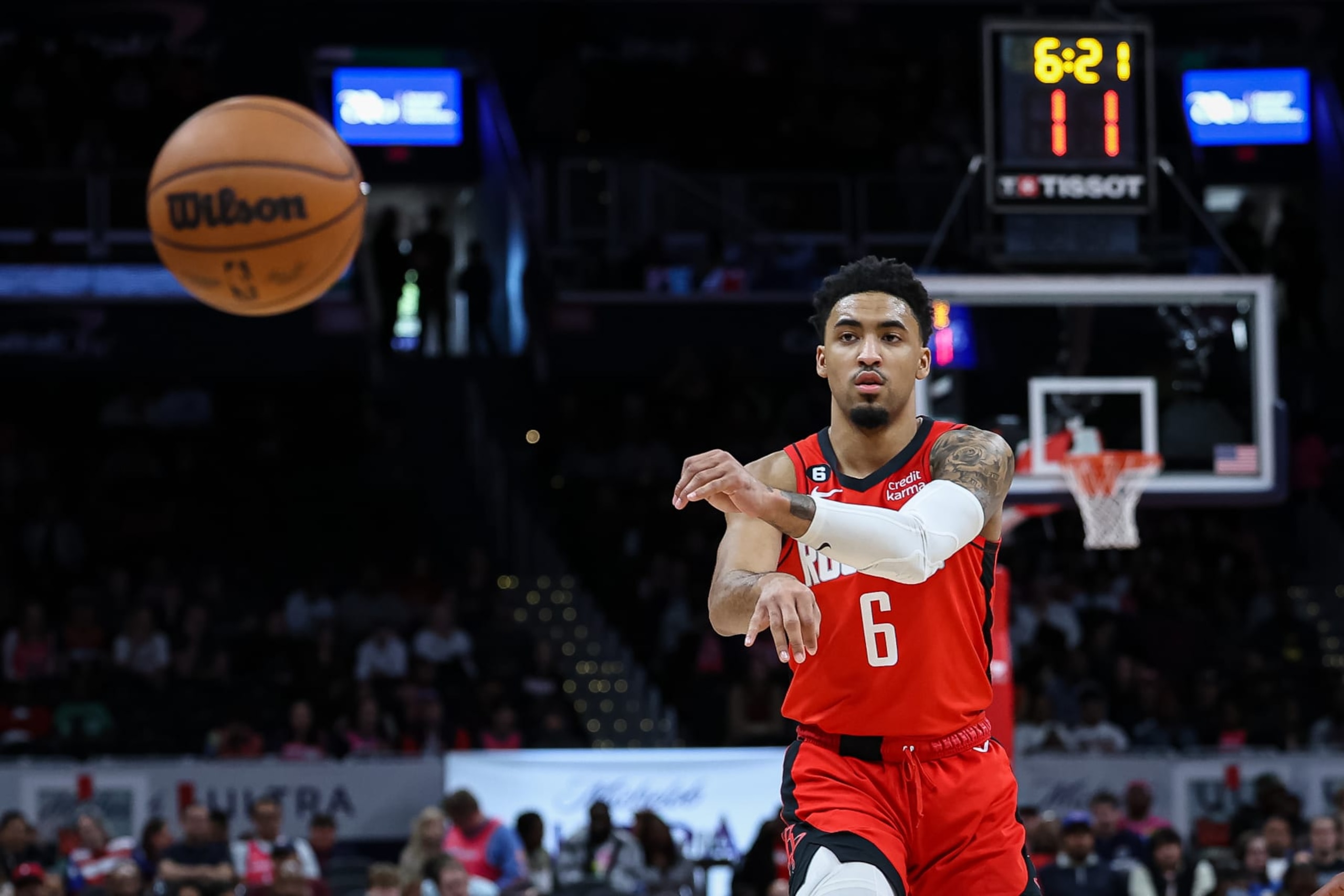 WASHINGTON, DC - APRIL 09: Kenyon Martin Jr. #6 of the Houston Rockets passes the ball against the Washington Wizards during the first half at Capital One Arena on April 9, 2023 in Washington, DC. NOTE TO USER: User expressly acknowledges and agrees that, by downloading and or using this photograph, User is consenting to the terms and conditions of the Getty Images License Agreement. (Photo by Scott Taetsch/Getty Images)