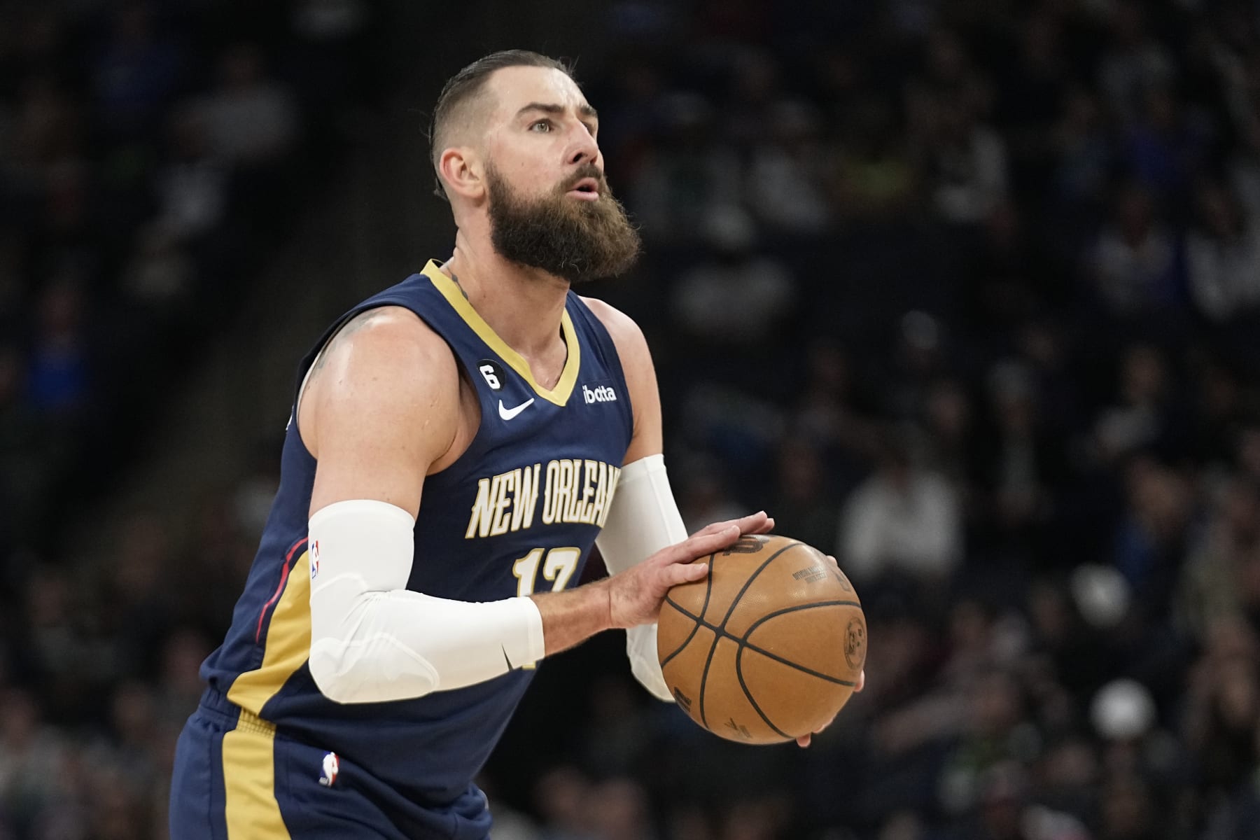 New Orleans Pelicans center Jonas Valanciunas looks to take a shot during the first half of an NBA basketball game against the Minnesota Timberwolves, Sunday, April 9, 2023, in Minneapolis. (AP Photo/Abbie Parr)