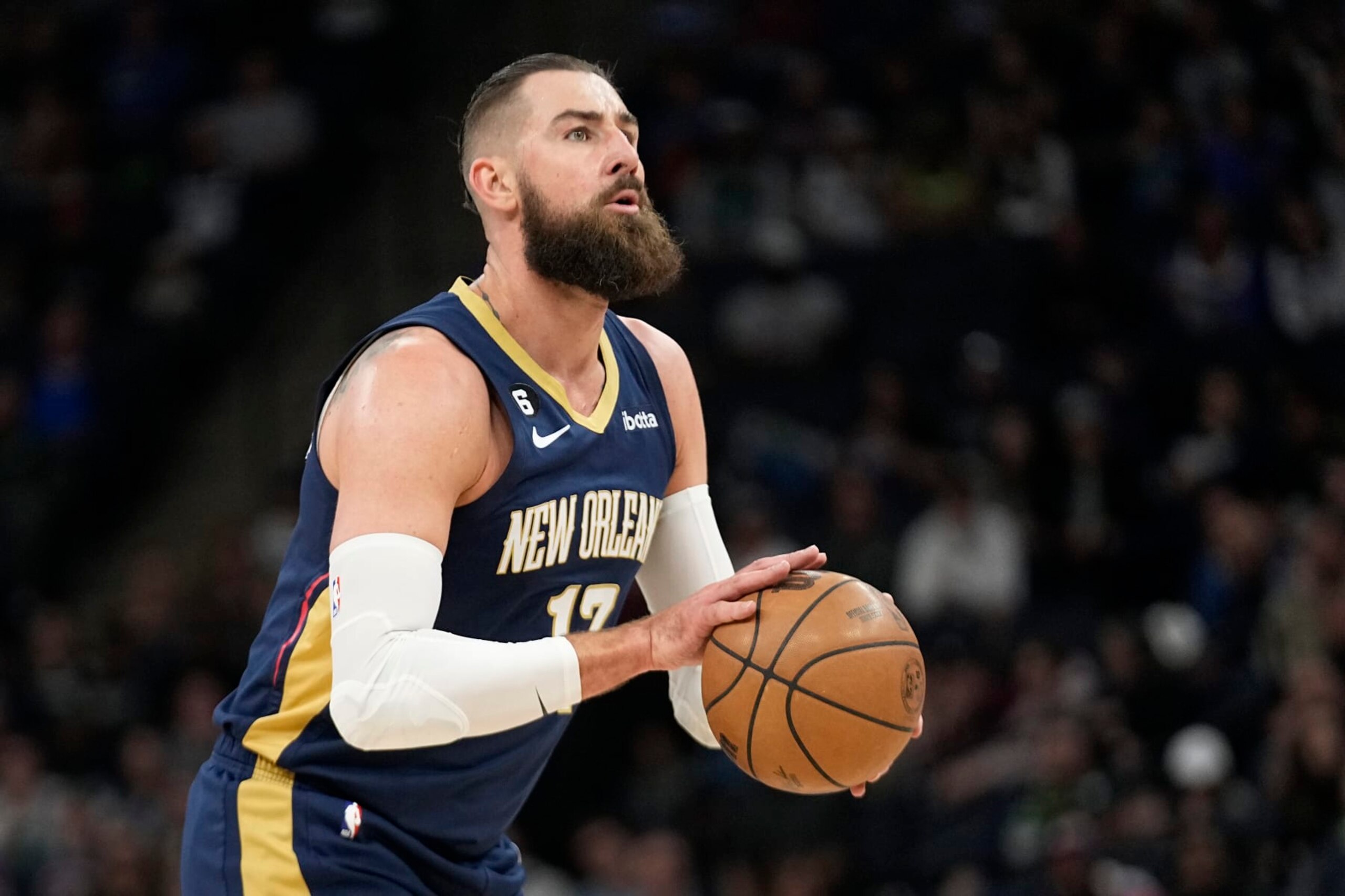 New Orleans Pelicans center Jonas Valanciunas looks to take a shot during the first half of an NBA basketball game against the Minnesota Timberwolves, Sunday, April 9, 2023, in Minneapolis. (AP Photo/Abbie Parr)