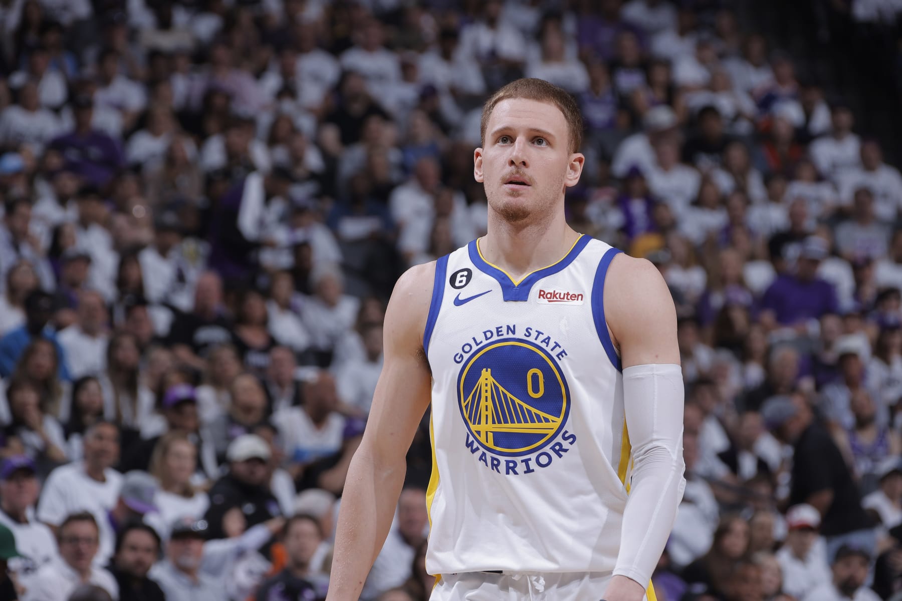SACRAMENTO, CA - APRIL 30: Donte DiVincenzo #0 of the Golden State Warriors looks on during the game against the Sacramento Kings during Round 1 Game 7 of the 2023 NBA Playoffs on April 30, 2023 at Golden 1 Center in Sacramento, California. NOTE TO USER: User expressly acknowledges and agrees that, by downloading and or using this photograph, User is consenting to the terms and conditions of the Getty Images Agreement. Mandatory Copyright Notice: Copyright 2023 NBAE (Photo by Rocky Widner/NBAE via Getty Images)