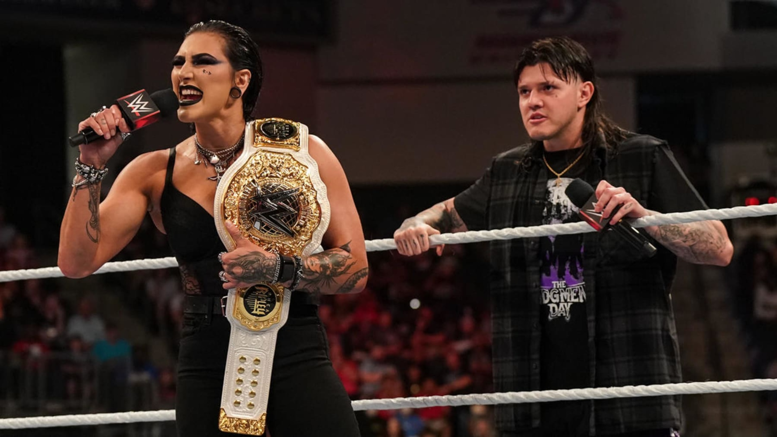 Rhea Ripley and Dominik Mysterio. Rhea Ripley and Dominik Mysterio.