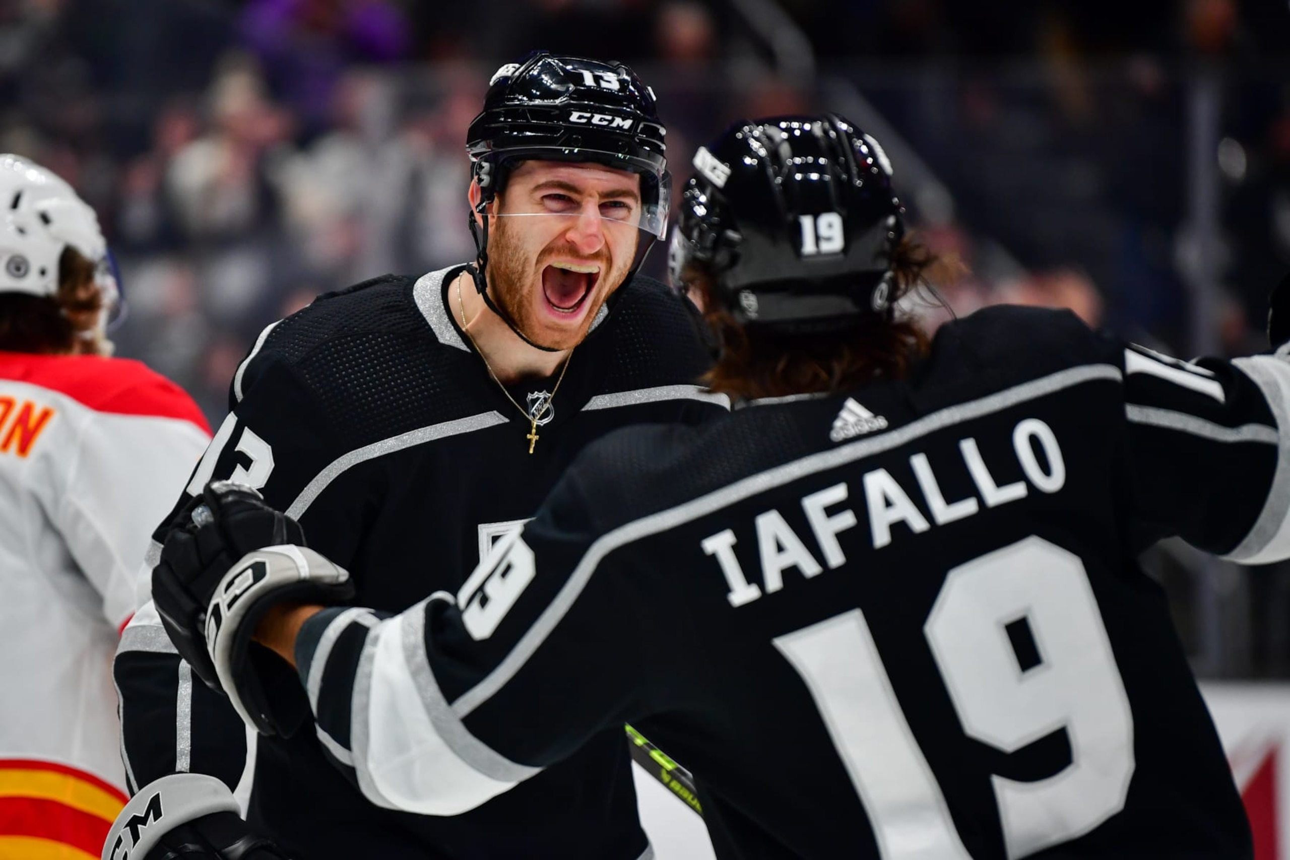 LOS ANGELES, CA - MARCH 20: Gabriel Vilardi #13 of the Los Angeles Kings celebrates his goal with Alex Iafallo #19 during the first period against the Calgary Flames at Crypto.com Arena on March 20, 2023 in Los Angeles, California. (Photo by Gary A. Vasquez/NHLI via Getty Images)