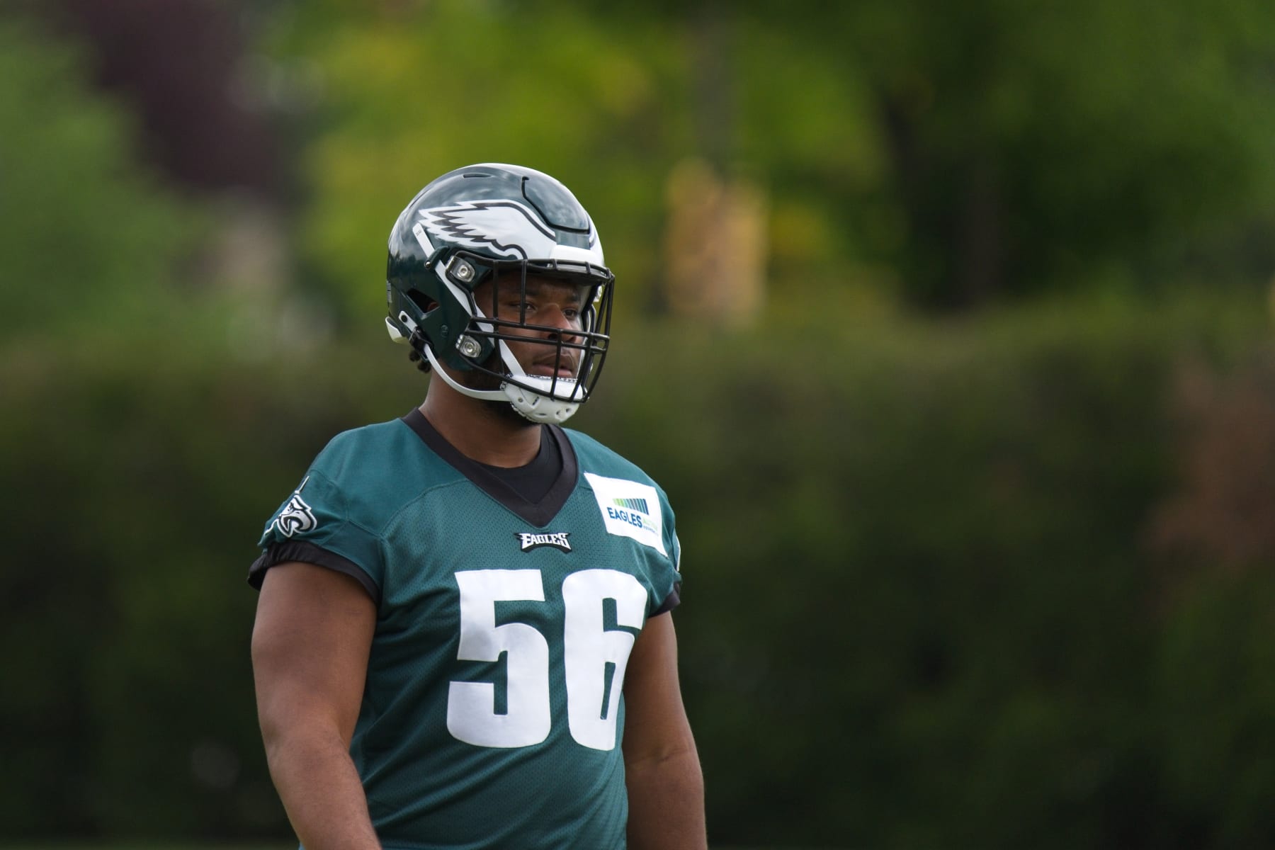 PHILADELPHIA, PA - MAY 05: Philadelphia Eagles guard Tyler Steen (56) looks on during Philadelphia Eagles rookie mini training camp on May 5, 2023 at the Novacare Training Complex in Philadelphia, PA. (Photo by Andy Lewis/Icon Sportswire via Getty Images)