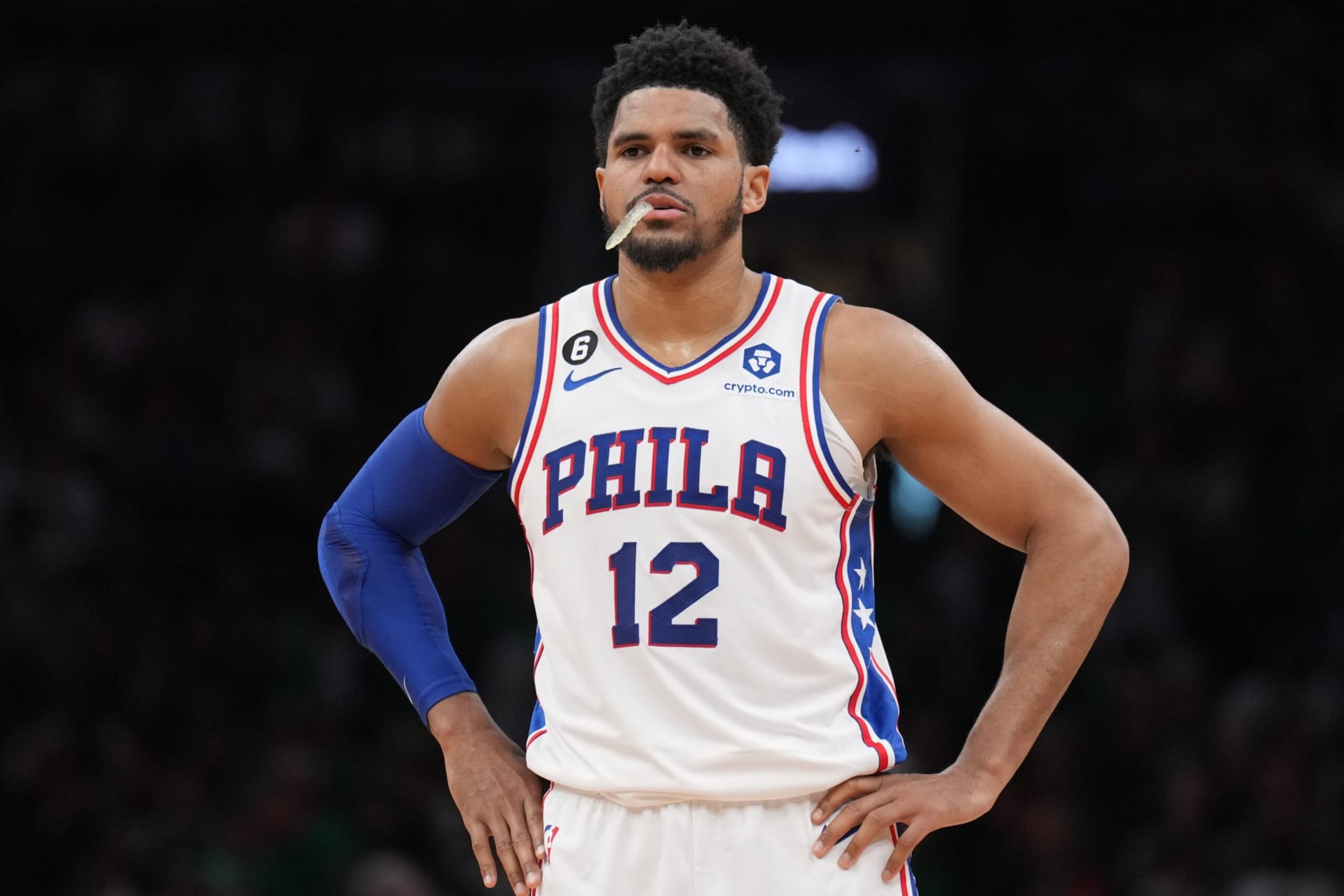BOSTON, MA - MAY 14: Tobias Harris #12 of the Philadelphia 76ers looks on during Game Seven of the Eastern Conference Semi-Finals of the 2023 NBA Playoffs against the Boston Celtics on May 14, 2023 at the TD Garden in Boston, Massachusetts. NOTE TO USER: User expressly acknowledges and agrees that, by downloading and or using this photograph, User is consenting to the terms and conditions of the Getty Images License Agreement. Mandatory Copyright Notice: Copyright 2023 NBAE (Photo by Jesse D. Garrabrant/NBAE via Getty Images) BOSTON, MA - MAY 14: Tobias Harris #12 of the Philadelphia 76ers looks on during Game Seven of the Eastern Conference Semi-Finals of the 2023 NBA Playoffs against the Boston Celtics on May 14, 2023 at the TD Garden in Boston, Massachusetts. NOTE TO USER: User expressly acknowledges and agrees that, by downloading and or using this photograph, User is consenting to the terms and conditions of the Getty Images License Agreement. Mandatory Copyright Notice: Copyright 2023 NBAE (Photo by Jesse D. Garrabrant/NBAE via Getty Images)