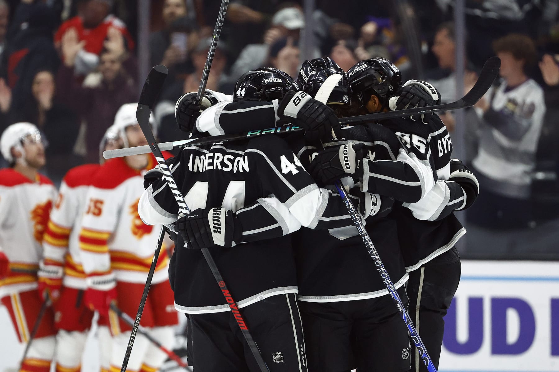 LOS ANGELES, CALIFORNIA - MARCH 20:  Drew Doughty #8 of the Los Angeles Kings celebrates a goal against the Calgary Flames in the first period at Crypto.com Arena on March 20, 2023 in Los Angeles, California. (Photo by Ronald Martinez/Getty Images)