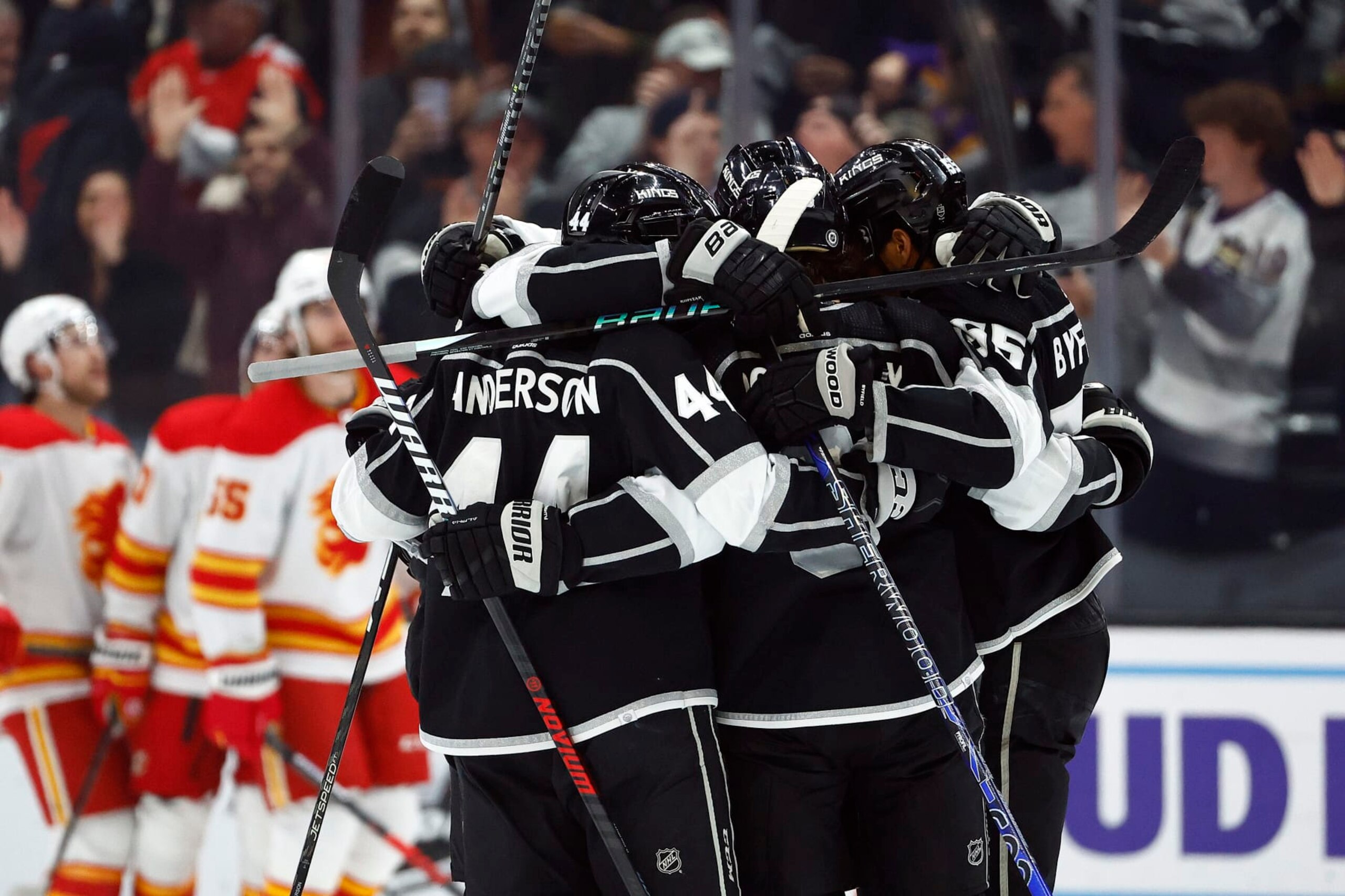 LOS ANGELES, CALIFORNIA - MARCH 20:  Drew Doughty #8 of the Los Angeles Kings celebrates a goal against the Calgary Flames in the first period at Crypto.com Arena on March 20, 2023 in Los Angeles, California. (Photo by Ronald Martinez/Getty Images)