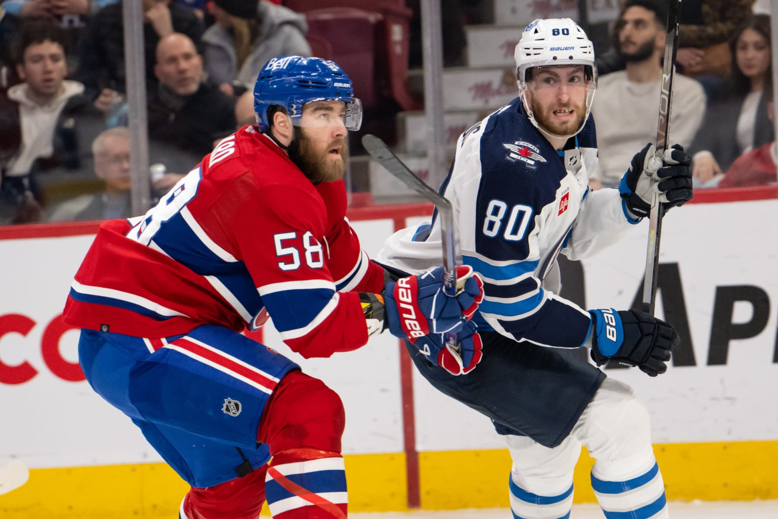 MONTREAL, QC - JANUARY 17: David Savard (58) of the Montreal Canadiens battles for position with Pierre-Luc Dubois (80) of the Winnipeg Jets during the second period of the NHL game between the Winnipeg Jets and the Montreal Canadiens on January 17, 2023, at the Bell Centre in Montreal, QC (Photo by Vincent Ethier/Icon Sportswire via Getty Images)