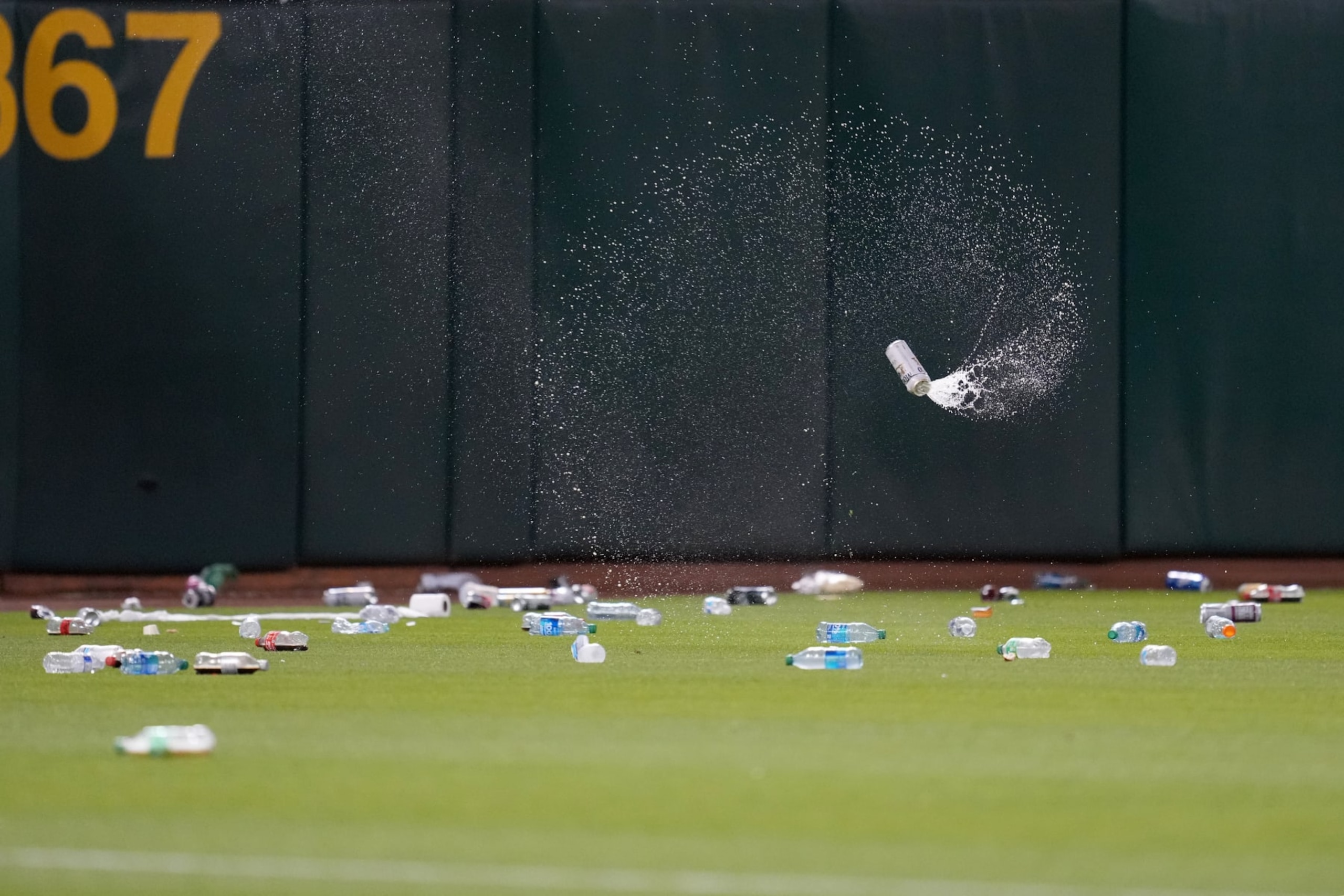 Garbage on the field at the Oakland Coliseum.