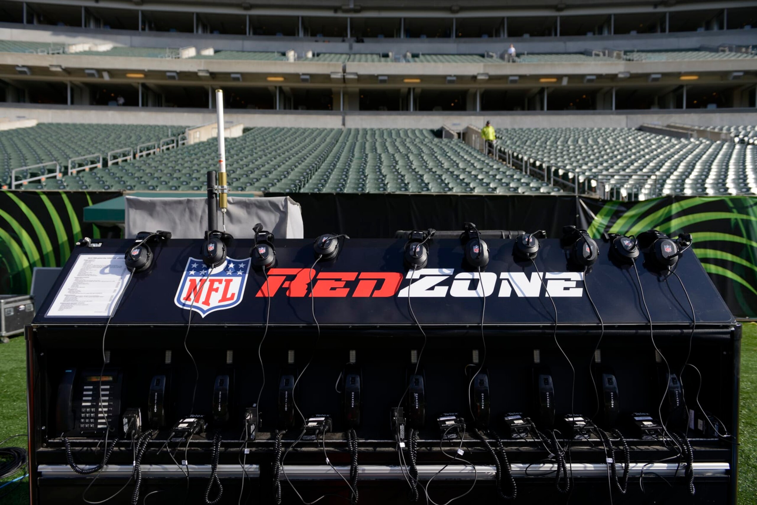 NFL Red Zone equipment on the field prior to an NFL football game between the Cincinnati Bengals and the Denver Broncos, Sunday, Nov. 4, 2012, in Cincinnati. (AP Photo/Michael Keating)