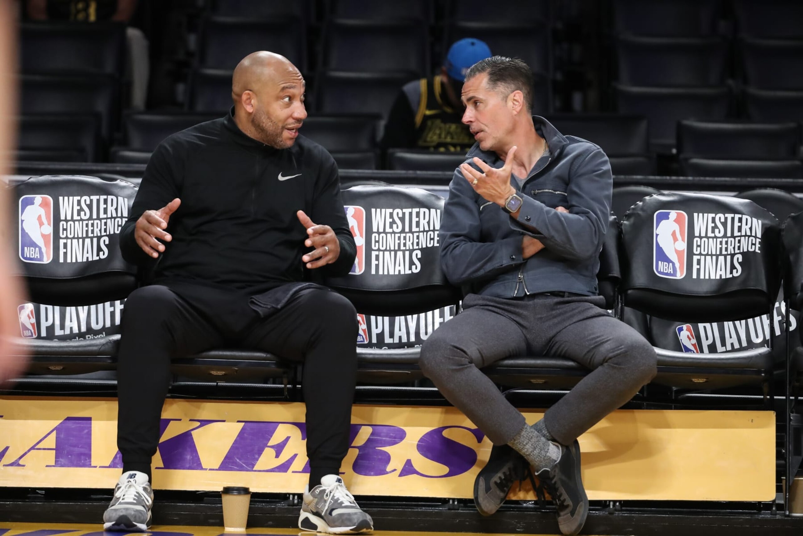 LOS ANGELES, CA - MAY 22: (L) Rob Pelinka, vice president of basketball operations and general manager of the Los Angeles Lakers talks with head coach Darvin Ham before the Denver Nuggets versus the Los Angeles Lakers in Game 4 of the NBA Western Conference Finals on May 22, 2023, at Crypto.com Arena in Los Angeles, CA (Photo by Jevone Moore/Icon Sportswire via Getty Images)