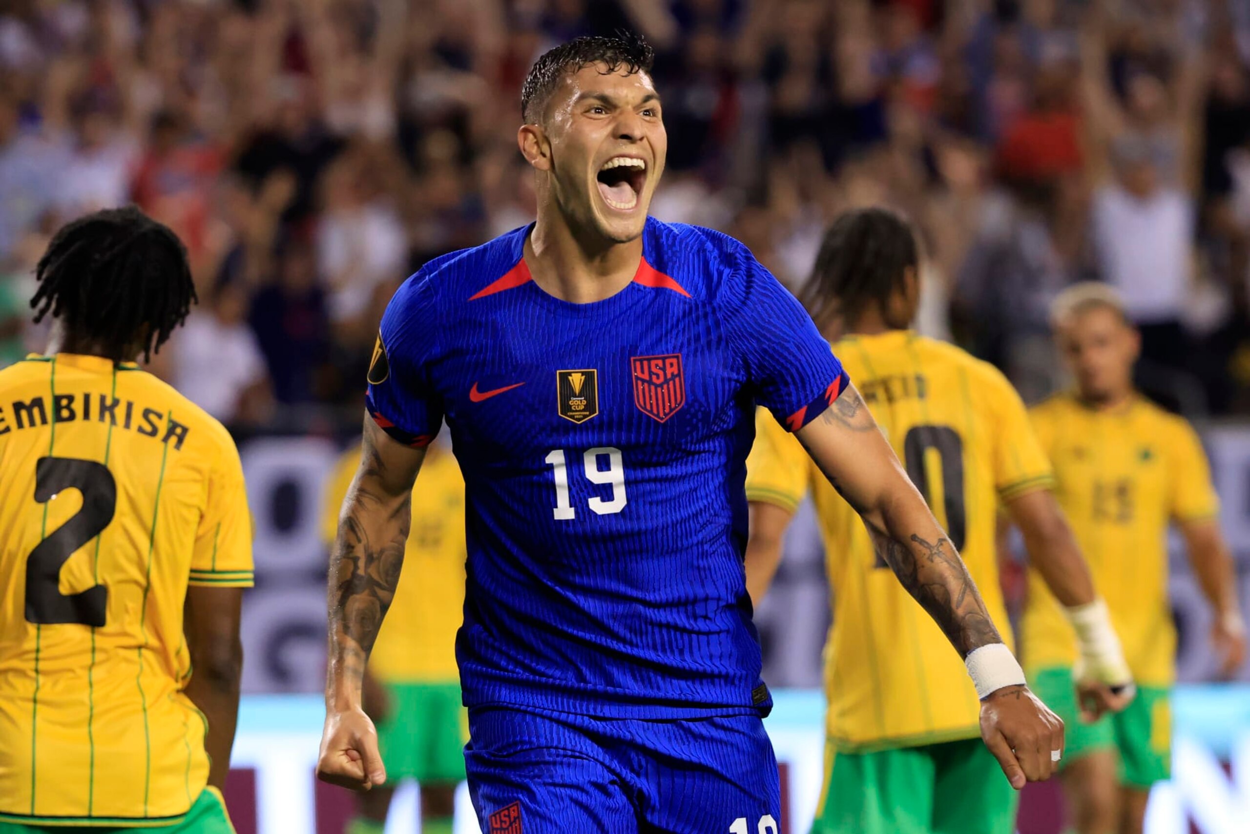 CHICAGO, ILLINOIS - JUNE 24: Brandon Vazquez #19 of the United States celebrates after scoring a goal during the second half in the game against Jamaica during the Concacaf Gold Cup Group Stage at Soldier Field on June 24, 2023 in Chicago, Illinois. (Photo by Justin Casterline/Getty Images) CHICAGO, ILLINOIS - JUNE 24: Brandon Vazquez #19 of the United States celebrates after scoring a goal during the second half in the game against Jamaica during the Concacaf Gold Cup Group Stage at Soldier Field on June 24, 2023 in Chicago, Illinois. (Photo by Justin Casterline/Getty Images)