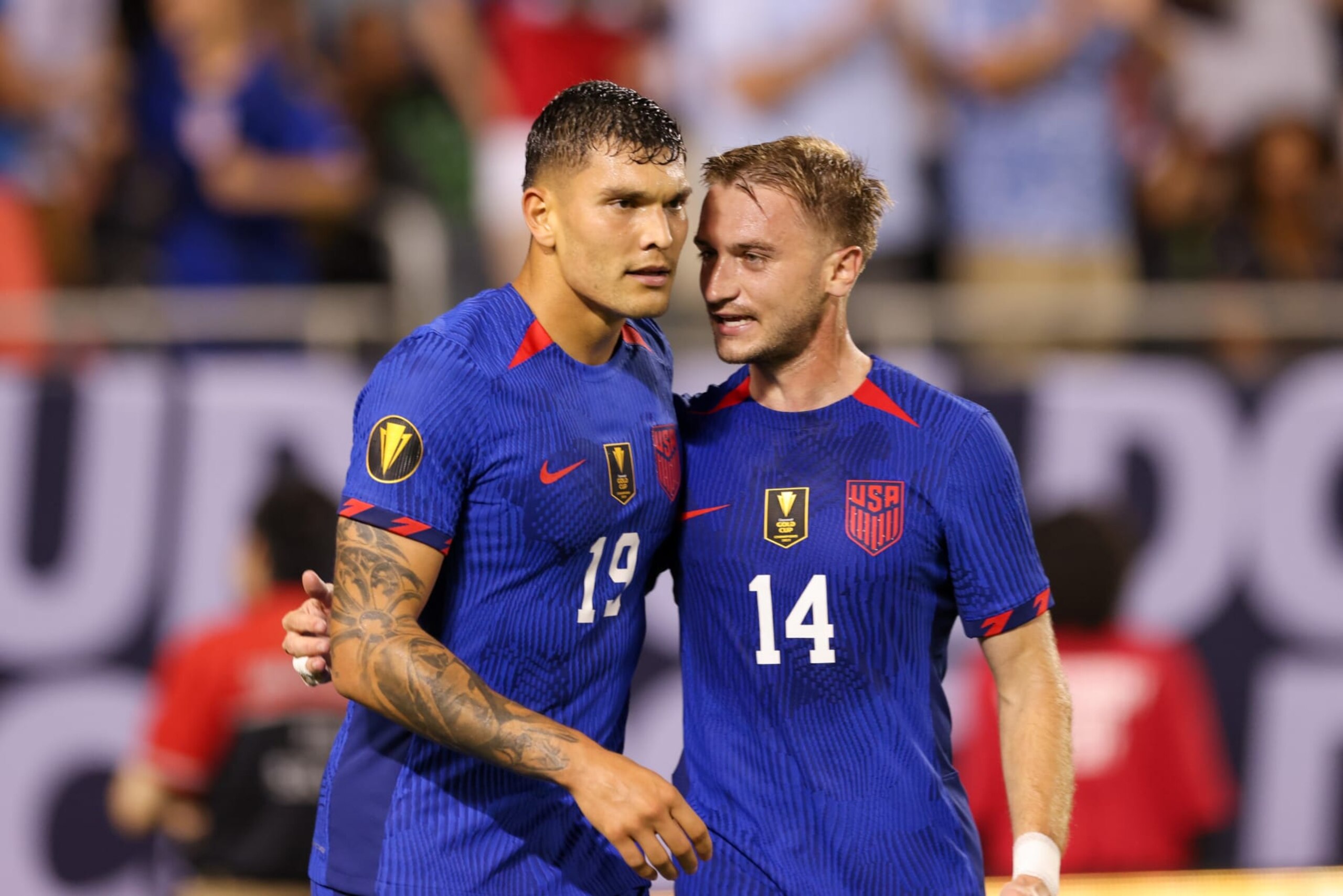 CHICAGO, ILLINOIS - JUNE 24: Brandon Vazquez #19 of the United States celebrates scoring with Djordje Mihailovic #14 during their Group A match of the 2023 CONCACAF Gold Cup at Soldier Field on June 24, 2023 in Chicago, Illinois. (Photo by John Dorton/USSF/Getty Images for USSF) CHICAGO, ILLINOIS - JUNE 24: Brandon Vazquez #19 of the United States celebrates scoring with Djordje Mihailovic #14 during their Group A match of the 2023 CONCACAF Gold Cup at Soldier Field on June 24, 2023 in Chicago, Illinois. (Photo by John Dorton/USSF/Getty Images for USSF)