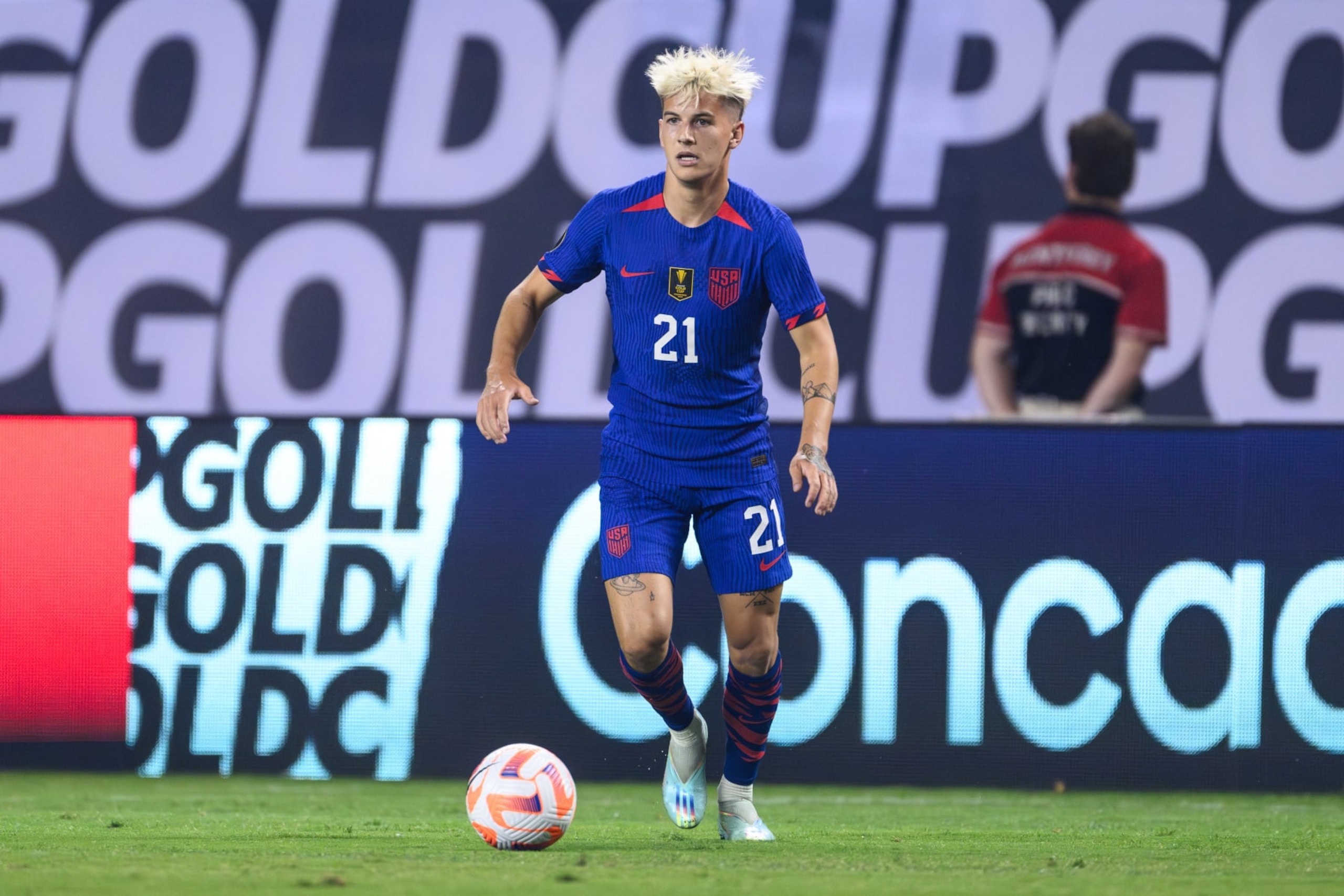 CHICAGO, IL - JUNE 24: John Tolkin #21 of the United States plays the ball during a game between Jamaica and USMNT at Soldier Field on June 24, 2023 in Chicago, Illinois. (Photo by Daniel Bartel/ISI Photos/Getty Images) CHICAGO, IL - JUNE 24: John Tolkin #21 of the United States plays the ball during a game between Jamaica and USMNT at Soldier Field on June 24, 2023 in Chicago, Illinois. (Photo by Daniel Bartel/ISI Photos/Getty Images)
