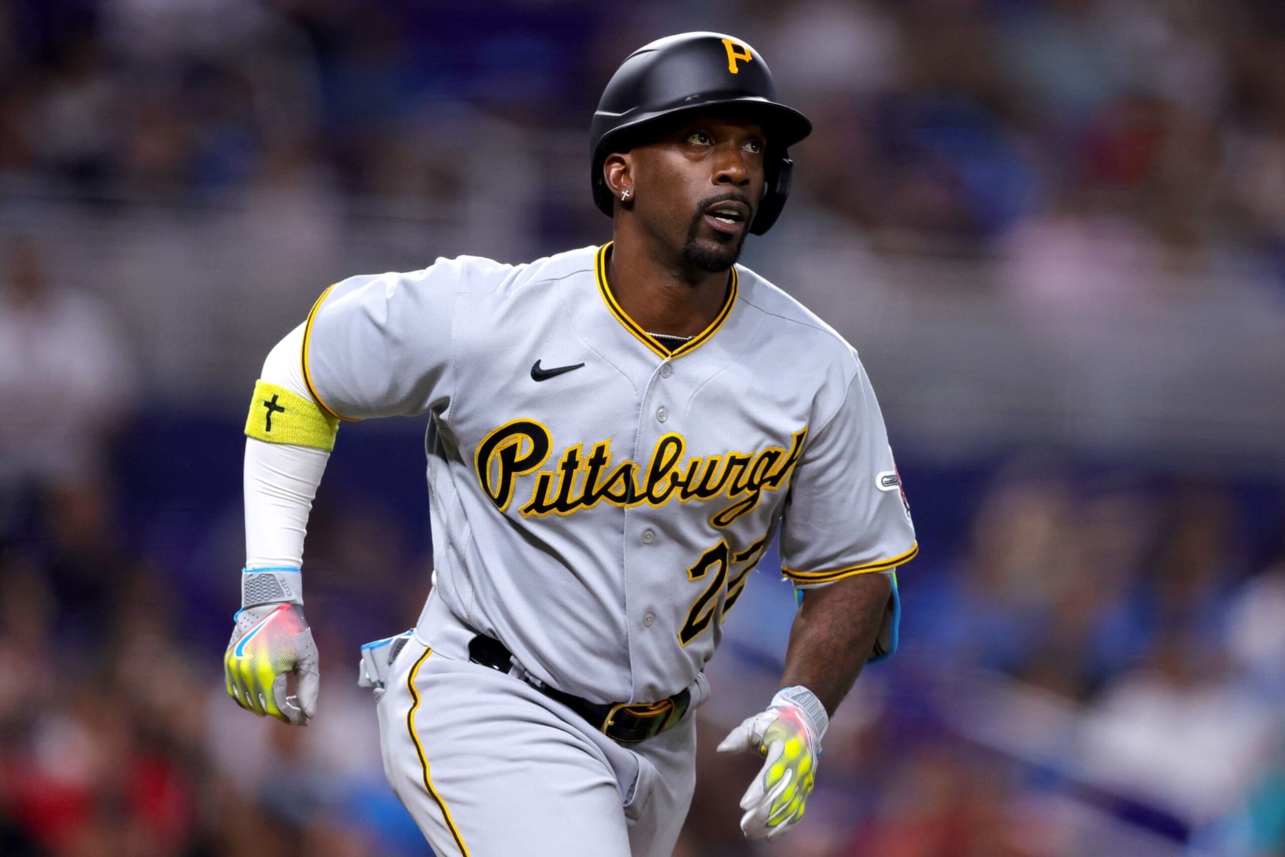 MIAMI, FLORIDA - JUNE 24: Andrew McCutchen #22 of the Pittsburgh Pirates in action against the Miami Marlins during the sixth inning at loanDepot park on June 24, 2023 in Miami, Florida. (Photo by Megan Briggs/Getty Images)