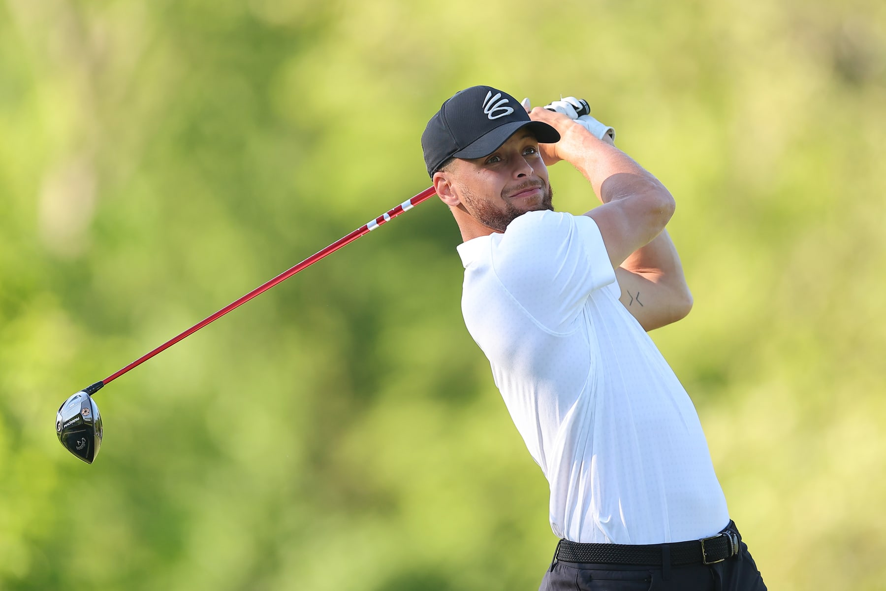 DUBLIN, OHIO - MAY 31: Stephen Curry of the Golden State Warriors plays his shot from the fifth tee during the Golden Bear Pro-Am prior to the Memorial Tournament presented by Workday at Muirfield Village Golf Club on May 31, 2023 in Dublin, Ohio. (Photo by Michael Reaves/Getty Images)