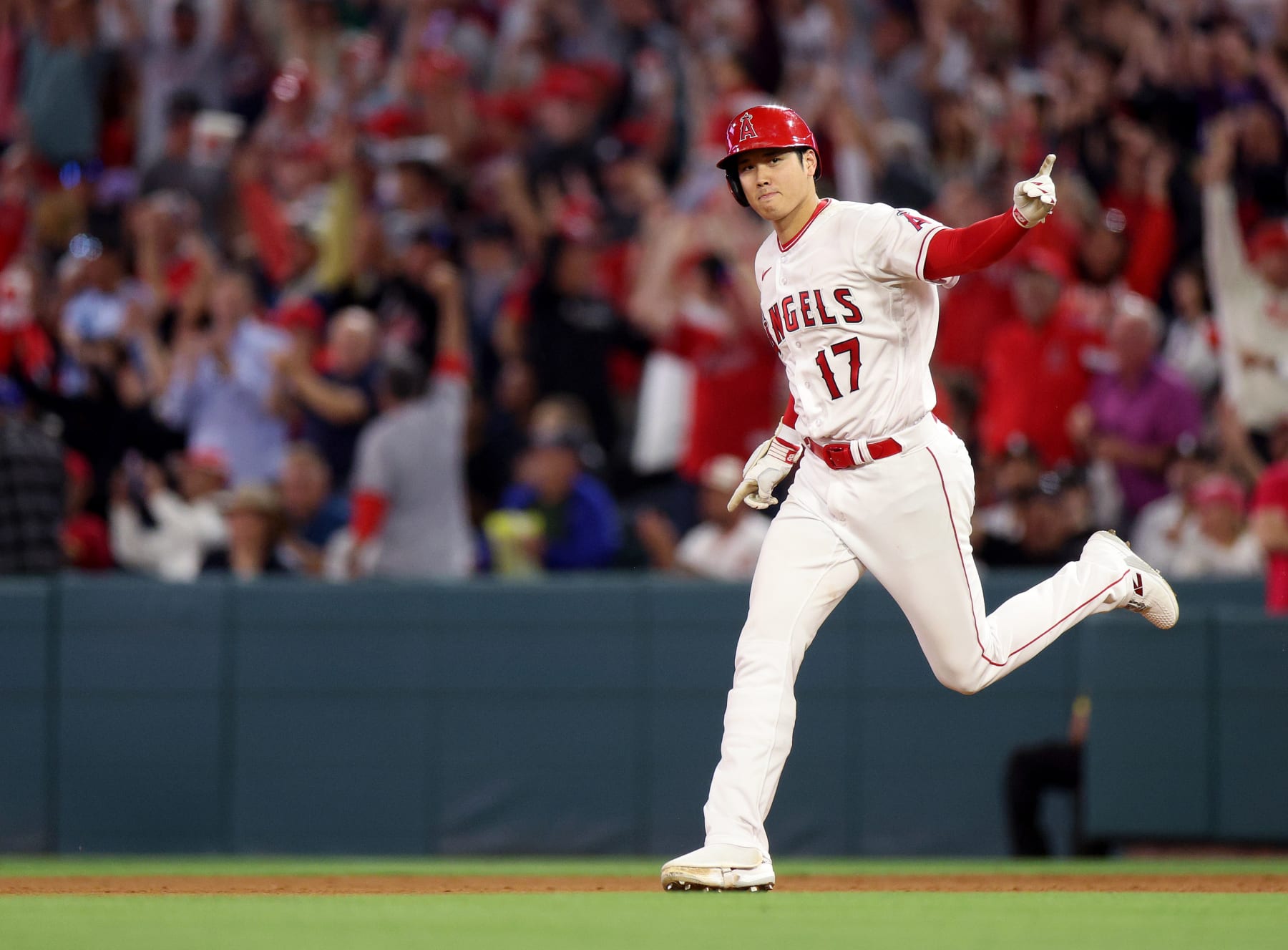 ANAHEIM, CALIFORNIA - JUNE 27: Shohei Ohtani #17 of the Los Angeles Angels celebrates his solo homerun, to take a 3-1 lead over the Chicago White Sox, during the seventh inning at Angel Stadium of Anaheim on June 27, 2023 in Anaheim, California. (Photo by Harry How/Getty Images)