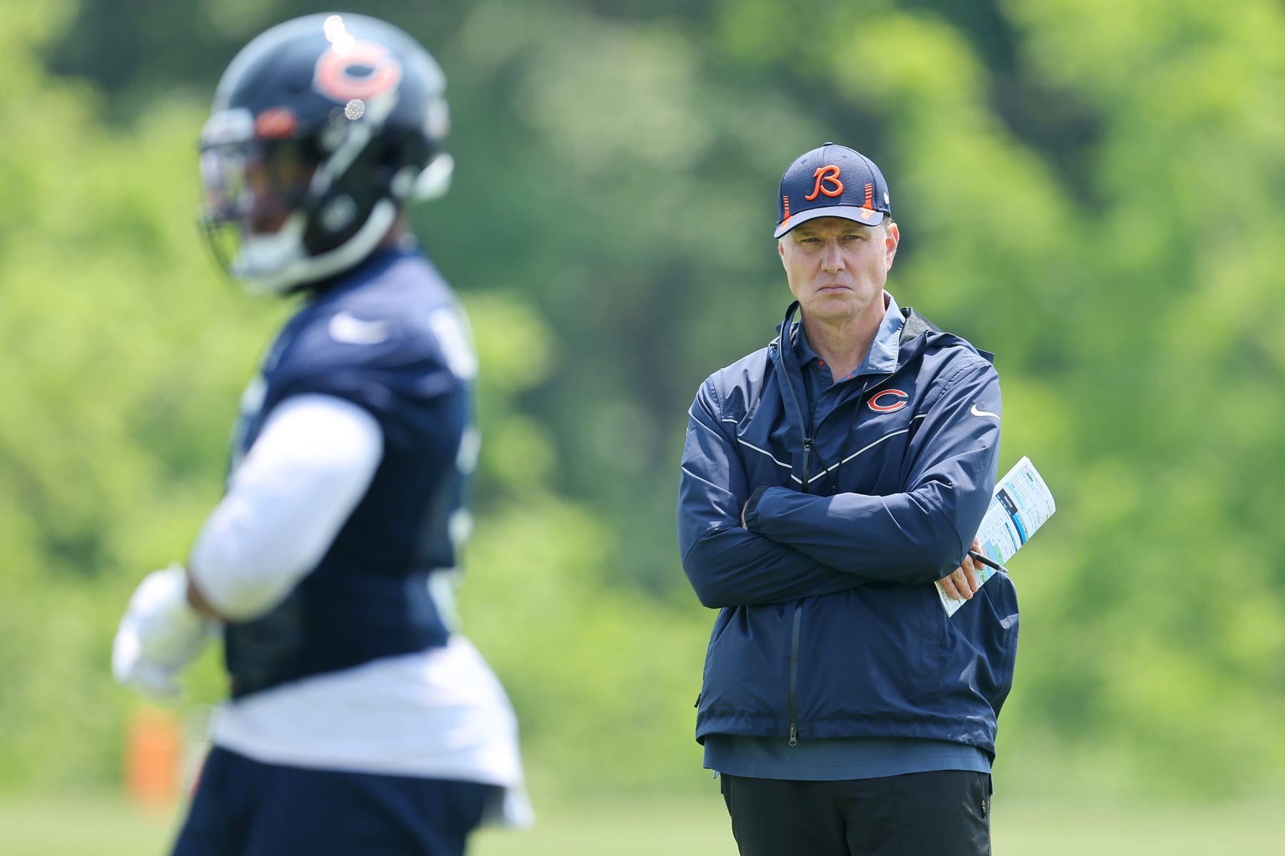 LAKE FOREST, ILLINOIS - JUNE 07: Head coach Matt Eberflus of the Chicago Bears looks on during OTA's at Halas Hall on June 07, 2023 in Lake Forest, Illinois. (Photo by Michael Reaves/Getty Images)