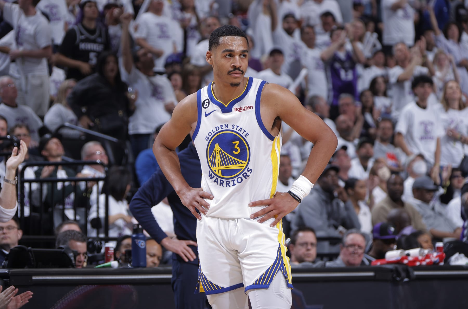 SACRAMENTO, CA - APRIL 15: Jordan Poole #3 of the Golden State Warriors looks on during the game against the Sacramento Kings during Round 1 Game 1 of the 2023 NBA Playoffs on April 15, 2023 at Golden 1 Center in Sacramento, California. NOTE TO USER: User expressly acknowledges and agrees that, by downloading and or using this photograph, User is consenting to the terms and conditions of the Getty Images Agreement. Mandatory Copyright Notice: Copyright 2023 NBAE (Photo by Rocky Widner/NBAE via Getty Images)