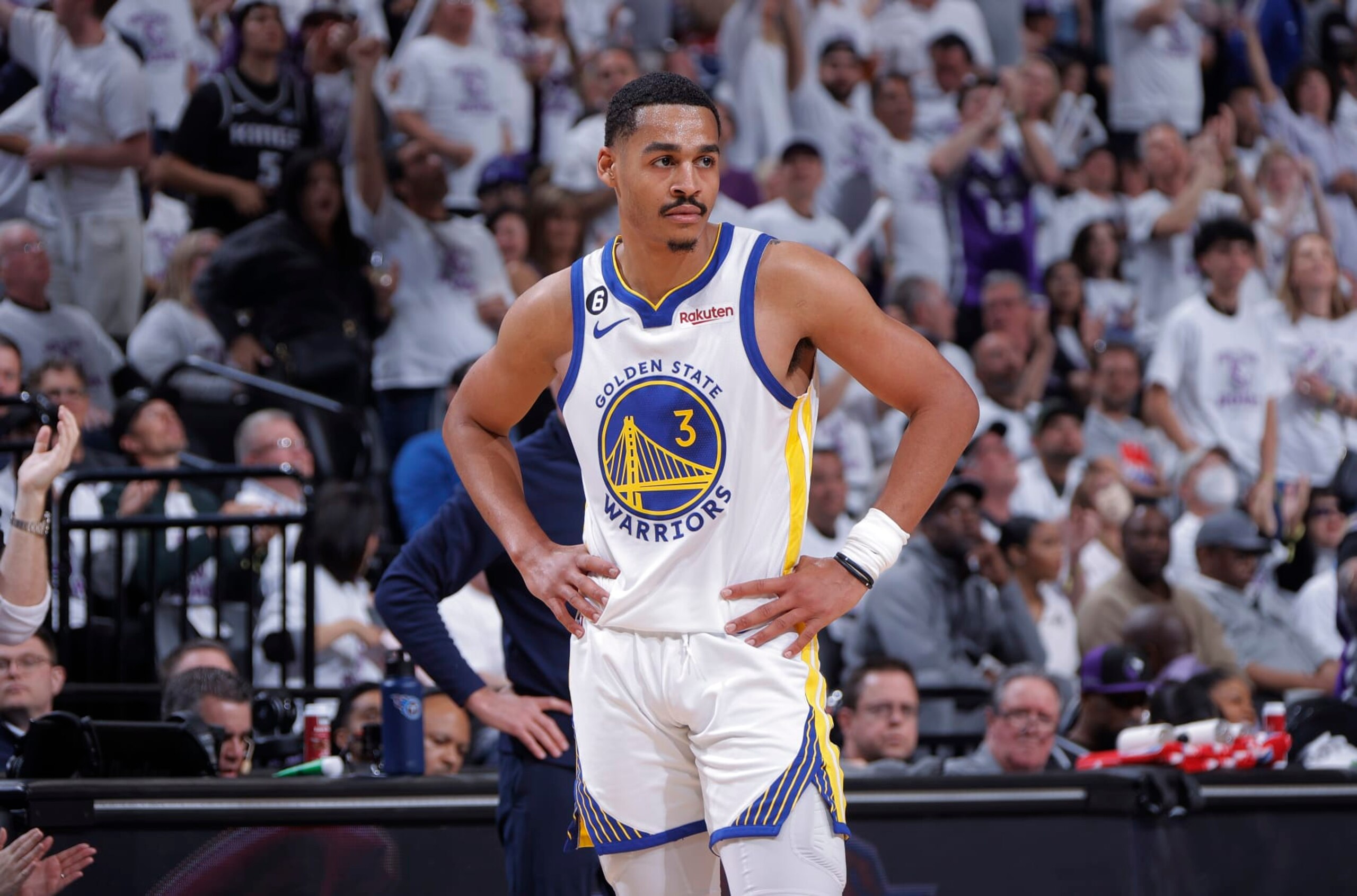 SACRAMENTO, CA - APRIL 15: Jordan Poole #3 of the Golden State Warriors looks on during the game against the Sacramento Kings during Round 1 Game 1 of the 2023 NBA Playoffs on April 15, 2023 at Golden 1 Center in Sacramento, California. NOTE TO USER: User expressly acknowledges and agrees that, by downloading and or using this photograph, User is consenting to the terms and conditions of the Getty Images Agreement. Mandatory Copyright Notice: Copyright 2023 NBAE (Photo by Rocky Widner/NBAE via Getty Images)