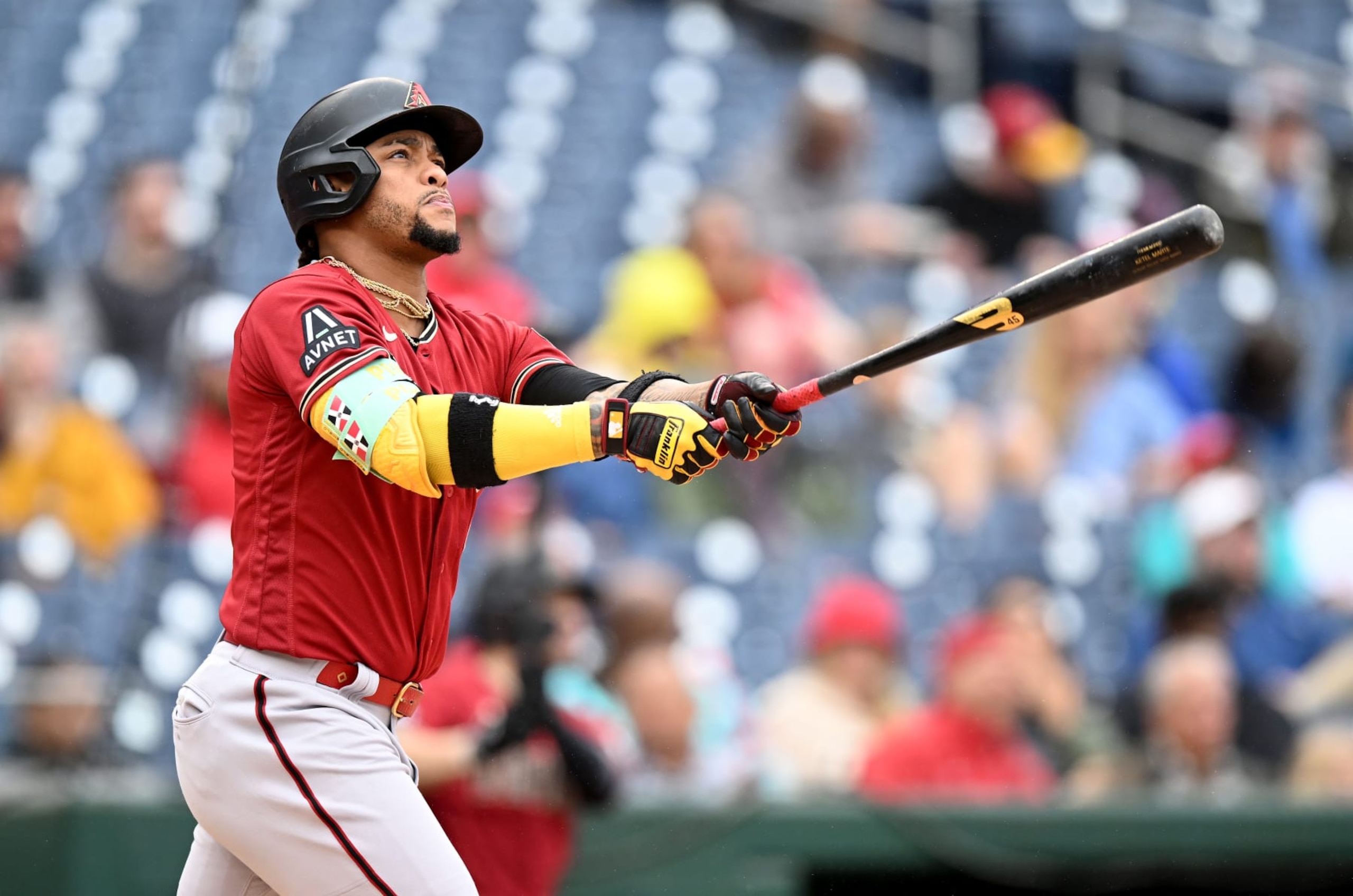 WASHINGTON, DC - JUNE 22: Ketel Marte #4 of the Arizona Diamondbacks hits a home run against the Washington Nationals at Nationals Park on June 22, 2023 in Washington, DC. (Photo by G Fiume/Getty Images)