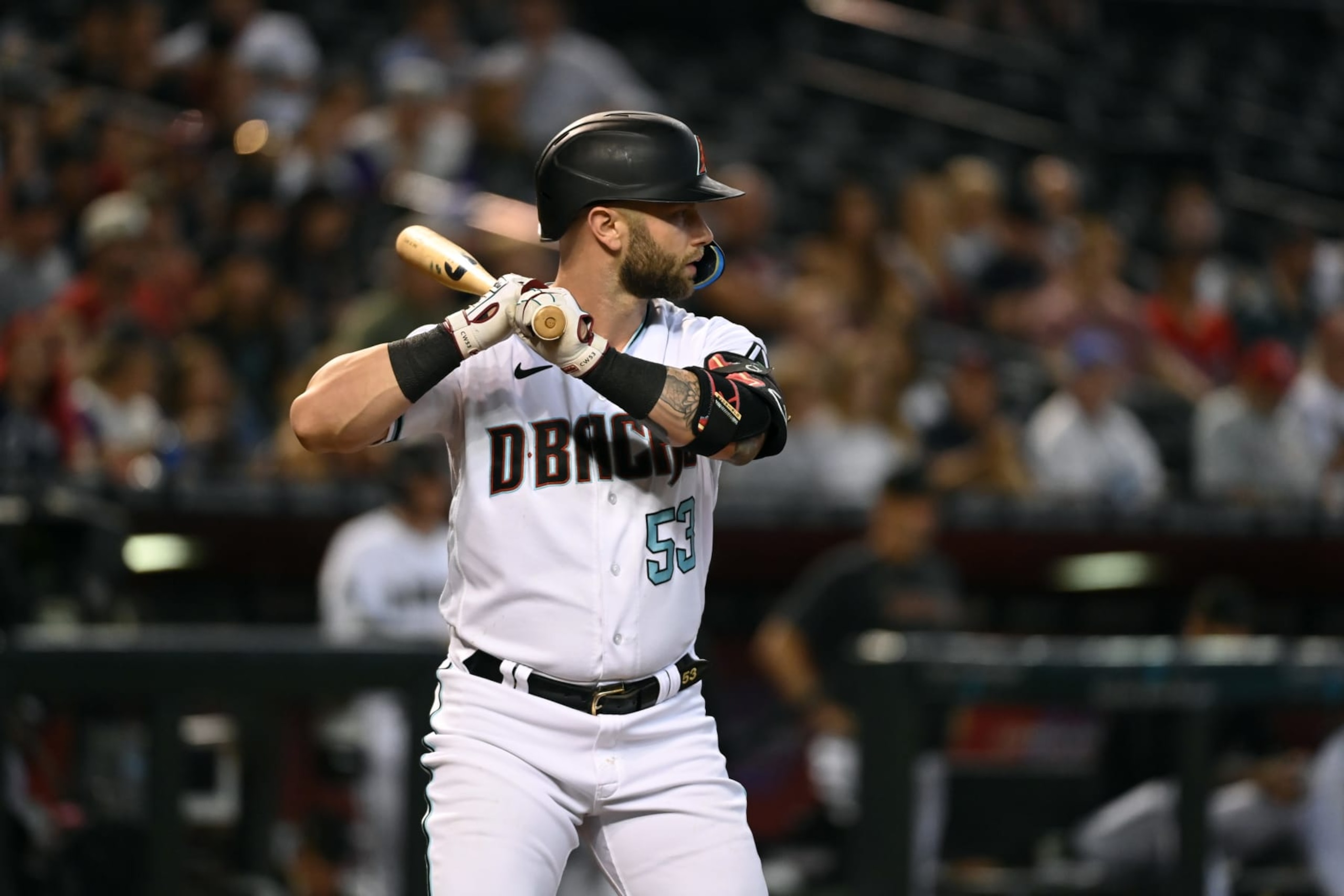 PHOENIX, ARIZONA - JUNE 14: Christian Walker #53 of the Arizona Diamondbacks gets ready in the batters box against the Philadelphia Phillies at Chase Field on June 14, 2023 in Phoenix, Arizona. (Photo by Norm Hall/Getty Images)