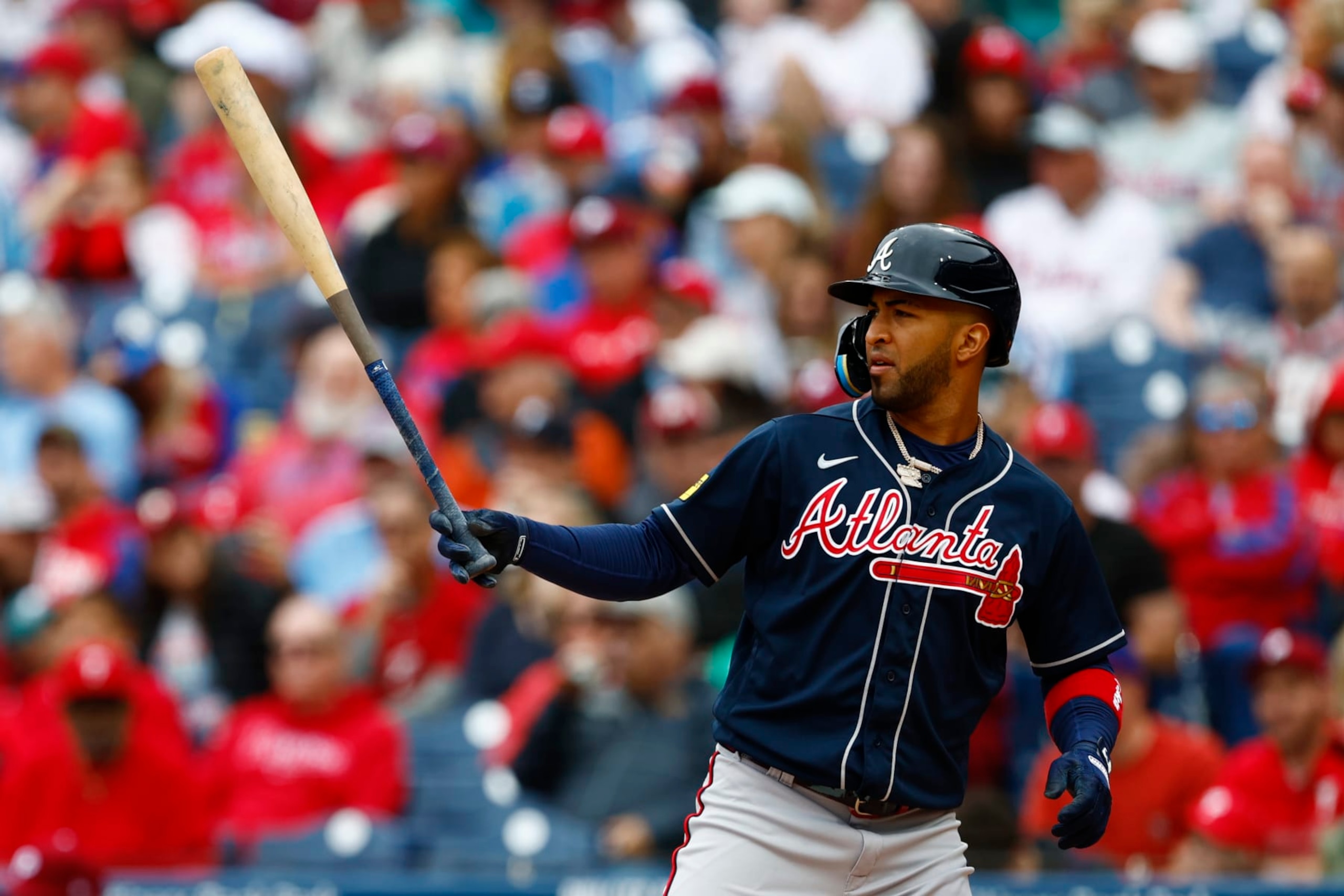 PHILADELPHIA, PENNSYLVANIA - JUNE 22: Eddie Rosario #8 of the Atlanta Braves in action against the Philadelphia Phillies during a game at Citizens Bank Park on June 22, 2023 in Philadelphia, Pennsylvania. The Braves defeated the Phillies 5-1. (Photo by Rich Schultz/Getty Images)