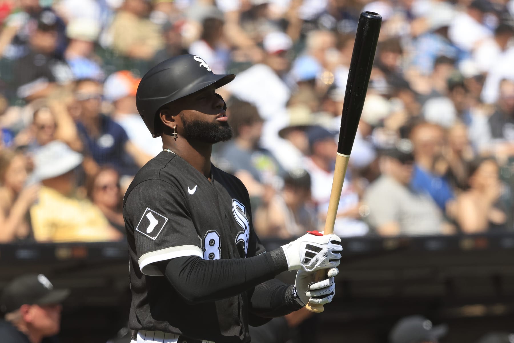 CHICAGO, ILLINOIS - JUNE 24: Luis Robert Jr. #88 of the Chicago White Sox at bat in the game against the Boston Red Sox at Guaranteed Rate Field on June 24, 2023 in Chicago, Illinois. (Photo by Justin Casterline/Getty Images)