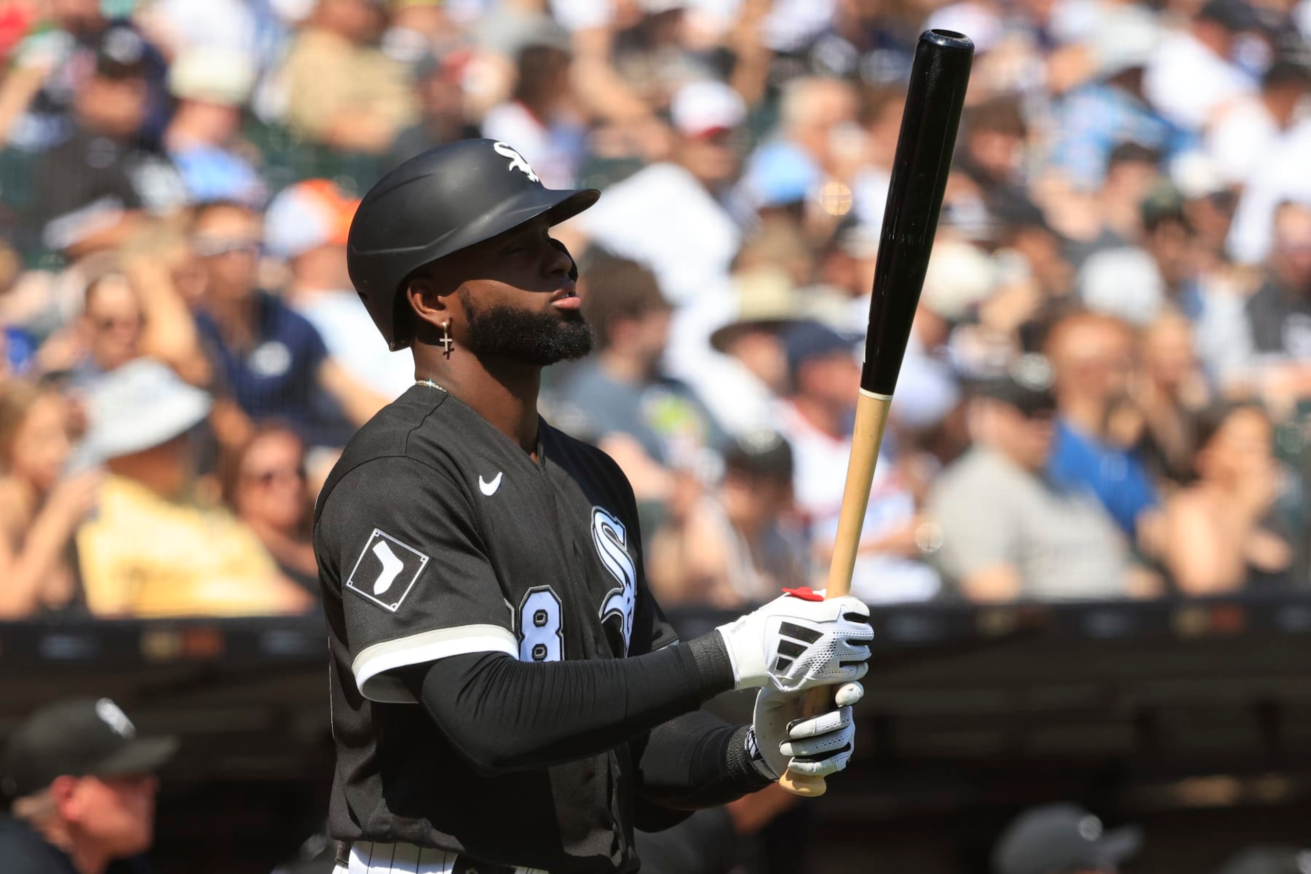 CHICAGO, ILLINOIS - JUNE 24: Luis Robert Jr. #88 of the Chicago White Sox at bat in the game against the Boston Red Sox at Guaranteed Rate Field on June 24, 2023 in Chicago, Illinois. (Photo by Justin Casterline/Getty Images)