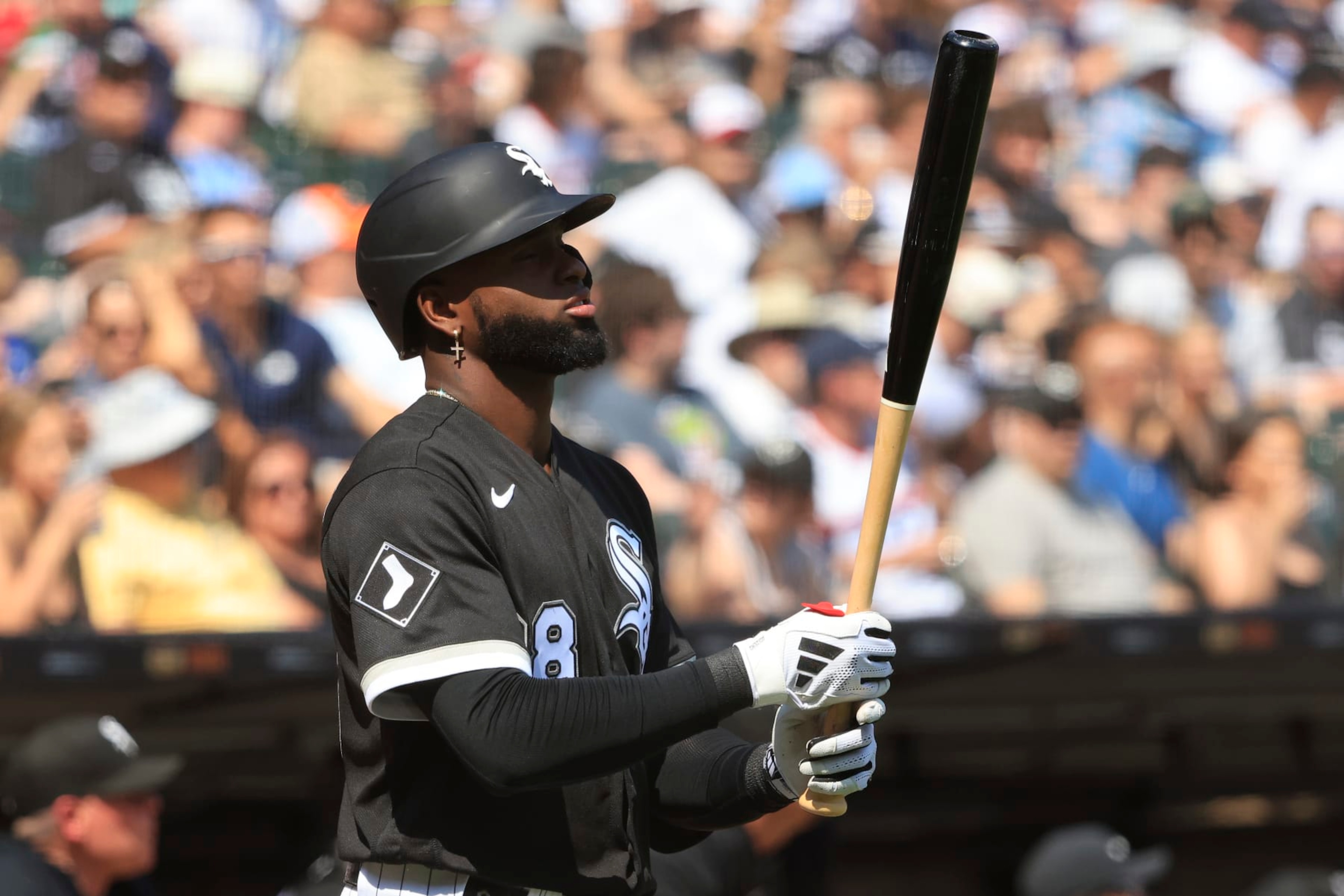 CHICAGO, ILLINOIS - JUNE 24: Luis Robert Jr. #88 of the Chicago White Sox at bat in the game against the Boston Red Sox at Guaranteed Rate Field on June 24, 2023 in Chicago, Illinois. (Photo by Justin Casterline/Getty Images)