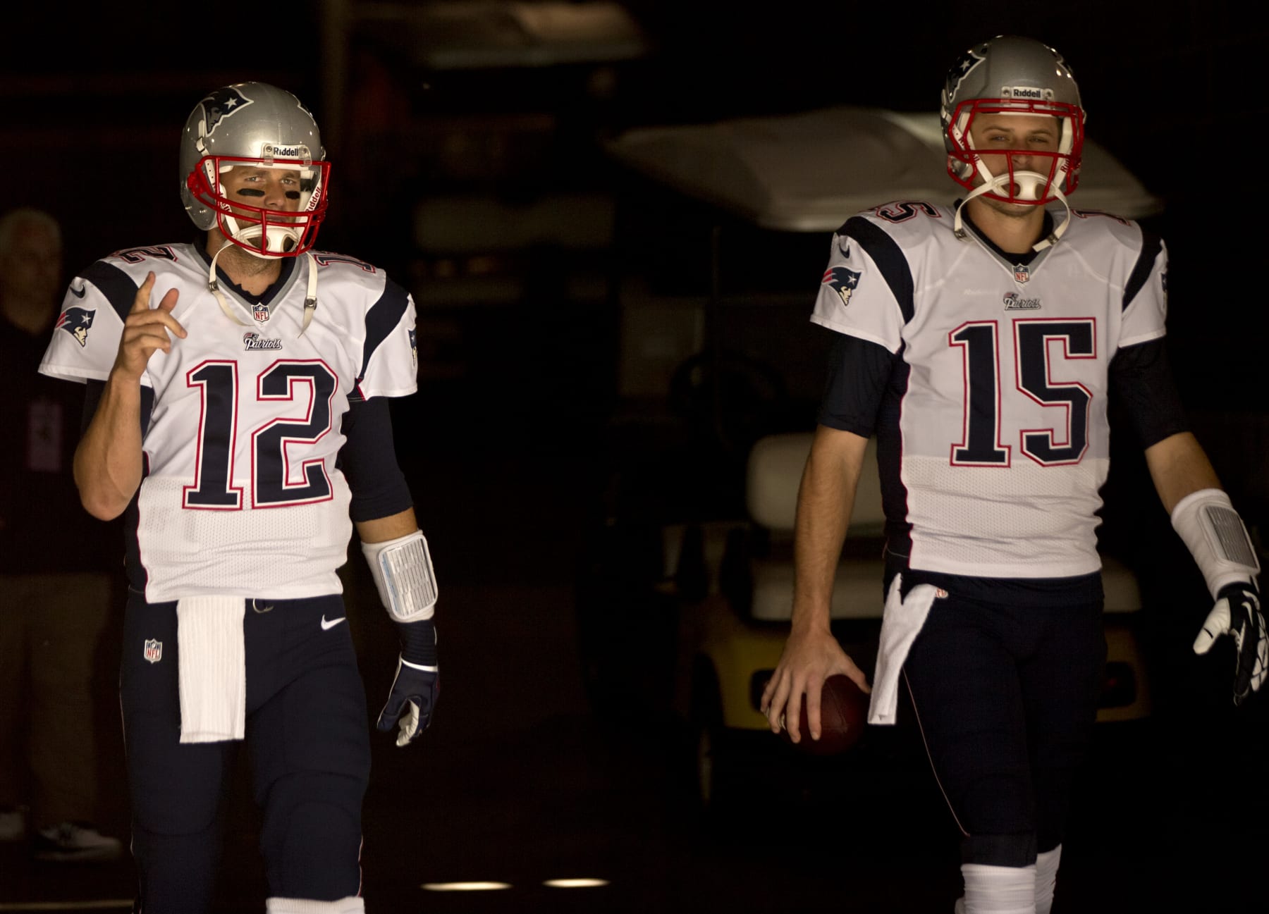 EAST RUTHERFORD, NJ - OCTOBER 20: New England Patriots quarterback Tom Brady and teammate Ryan Mallett walk out of the tunnel before they play the New York Jets at MetLife Stadium on Sunday, Oct. 20, 2013. (Photo by Matthew J. Lee/The Boston Globe via Getty Images)
