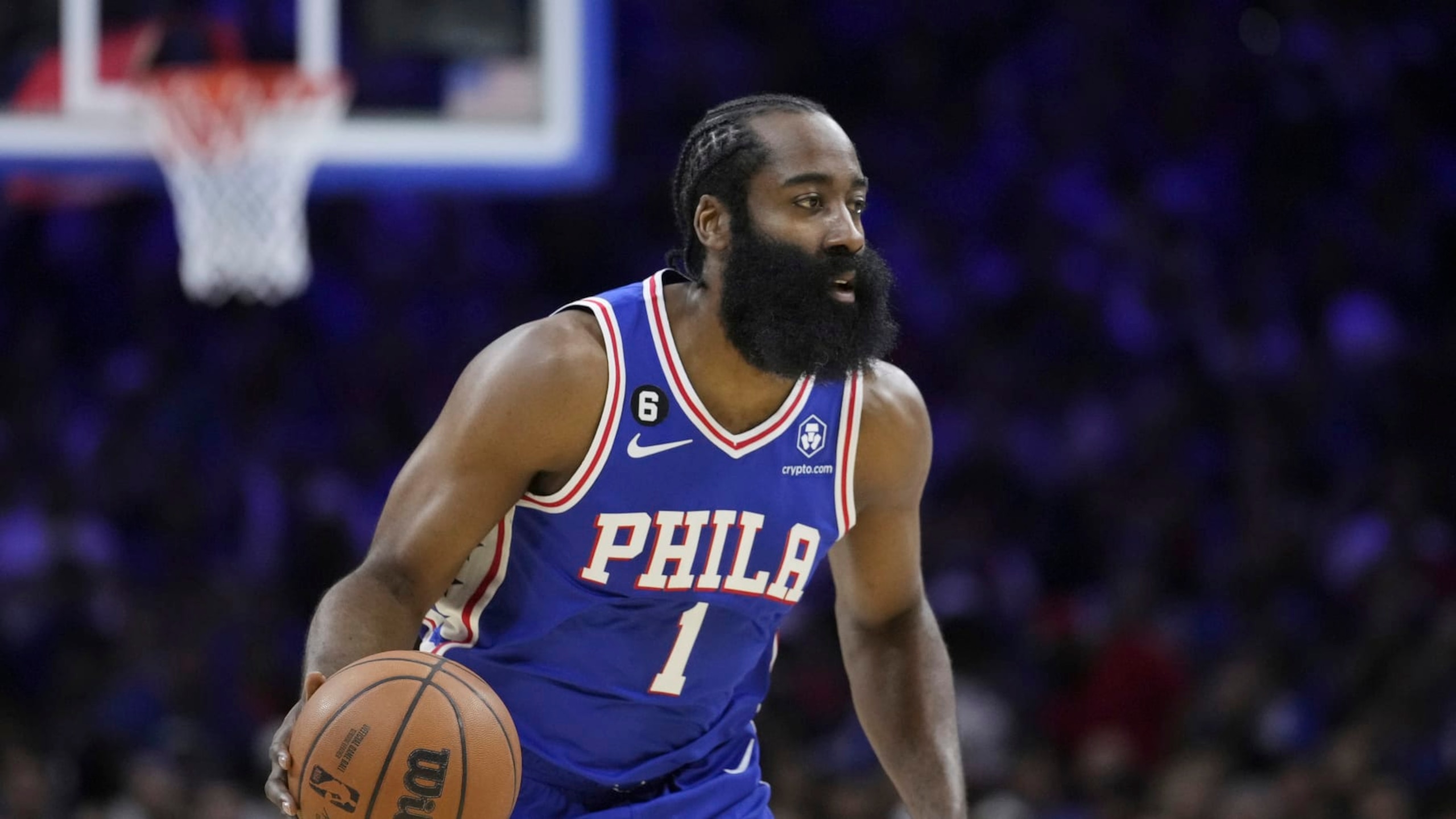 Philadelphia 76ers' James Harden plays during the first half of Game 4 in an NBA basketball Eastern Conference semifinals playoff series, Sunday, May 7, 2023, in Philadelphia. (AP Photo/Matt Slocum)