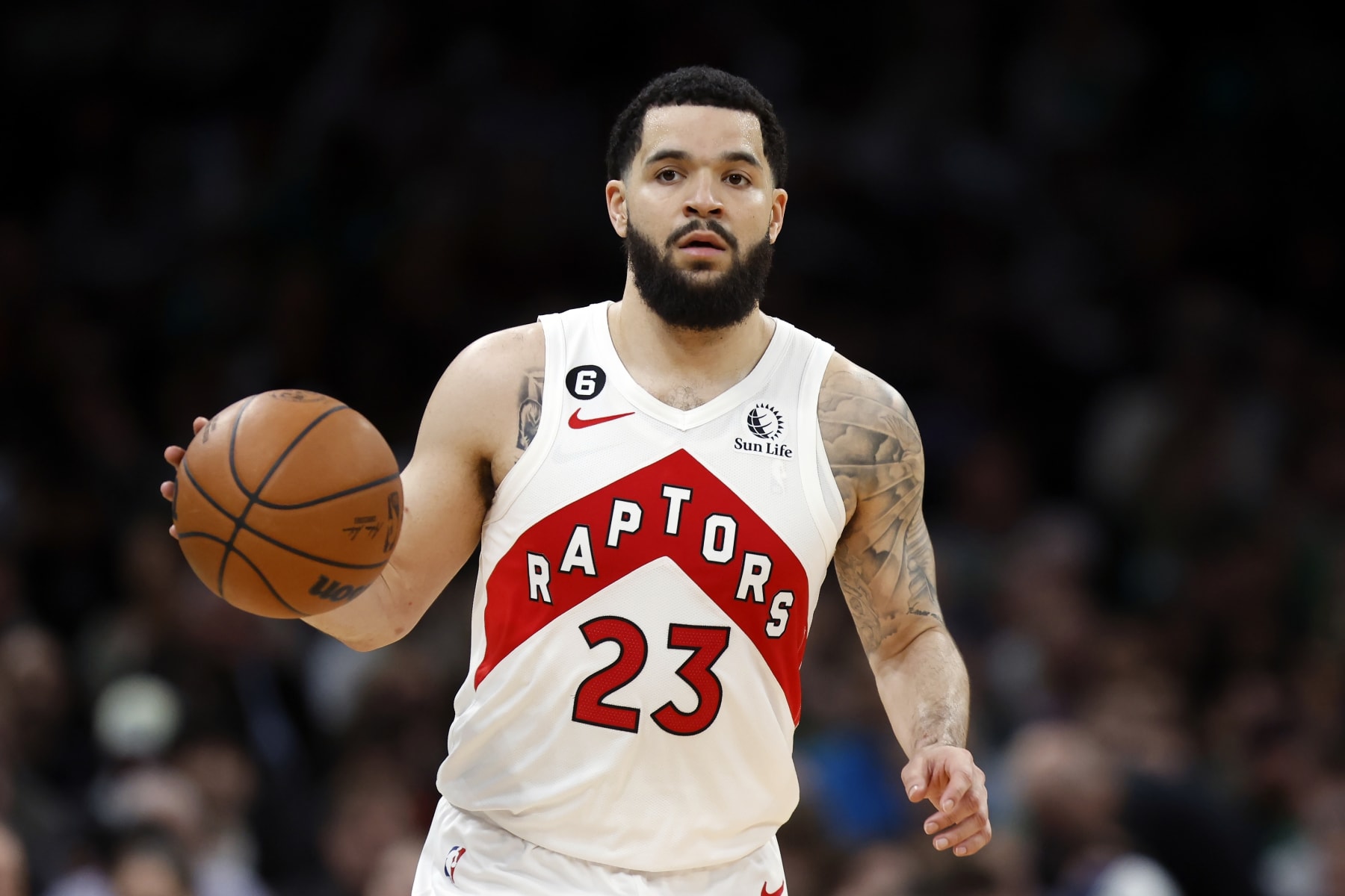 Toronto Raptors' Fred VanVleet plays against the Boston Celtics during the second half of an NBA basketball game, Friday, April 7, 2023, in Boston. (AP Photo/Michael Dwyer)