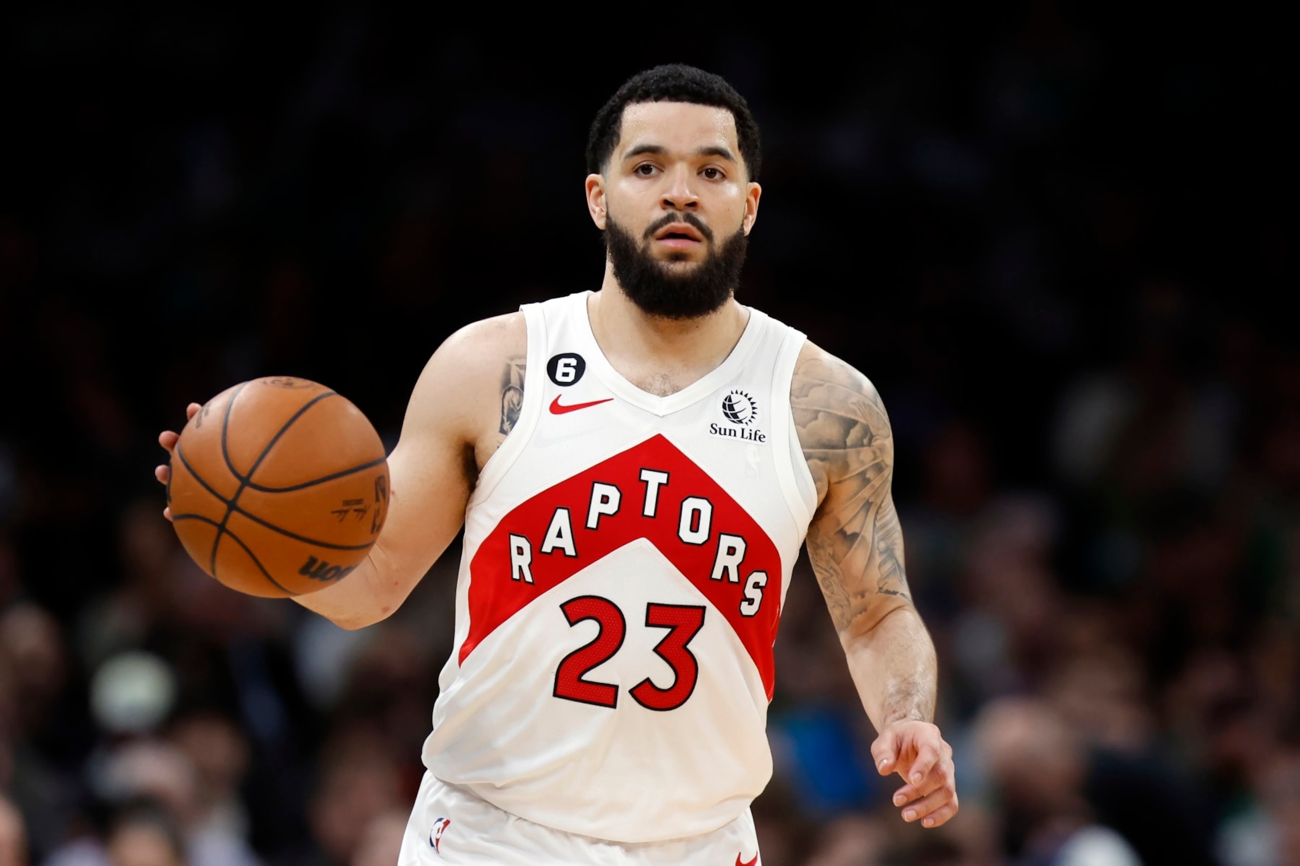 Toronto Raptors' Fred VanVleet plays against the Boston Celtics during the second half of an NBA basketball game, Friday, April 7, 2023, in Boston. (AP Photo/Michael Dwyer) Toronto Raptors' Fred VanVleet plays against the Boston Celtics during the second half of an NBA basketball game, Friday, April 7, 2023, in Boston. (AP Photo/Michael Dwyer)