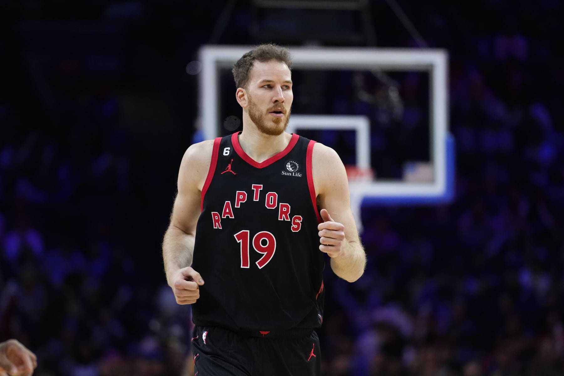 Toronto Raptors' Jakob Poeltl plays during an NBA basketball game, Friday, March 31, 2023, in Philadelphia. (AP Photo/Matt Rourke)