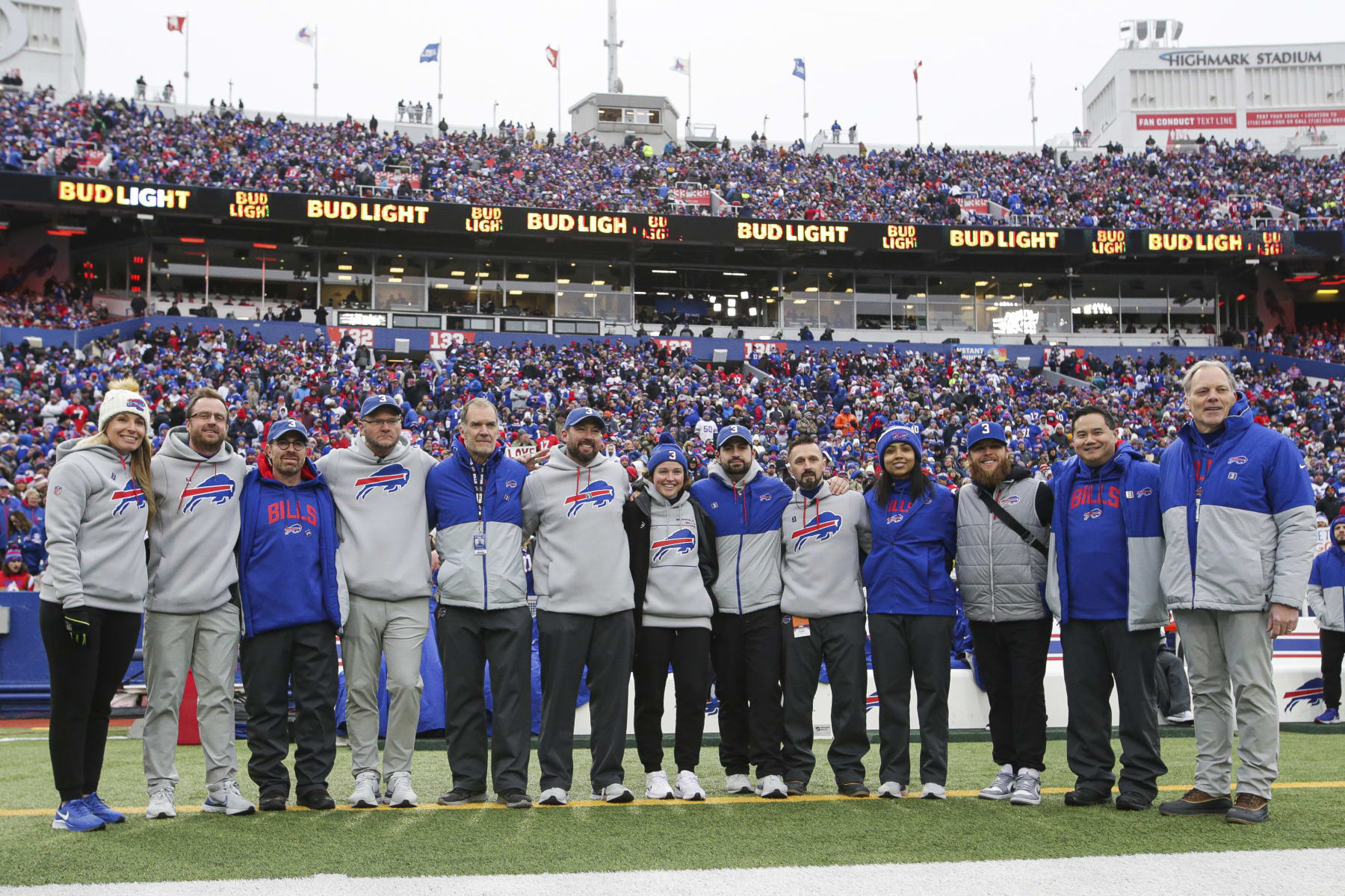 Buffalo Bills medical and training staff pose stand for a photo before an NFL football game against the New England Patriots on Sunday, Jan. 8, 2023, in Orchard Park, N.Y. (AP Photo/Joshua Bessex)